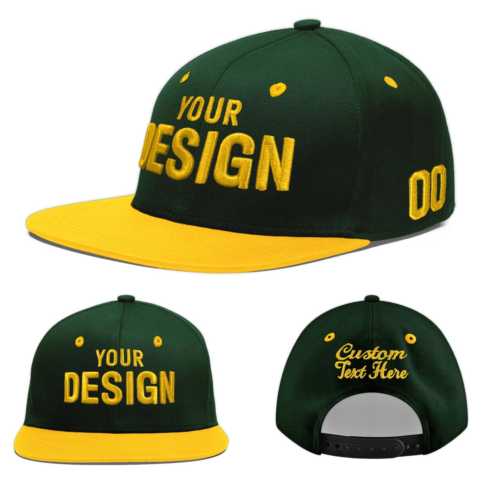 Custom Green Gold 3D Puff Embroidery Flat Embroidery Casual Sport Baseball Cap