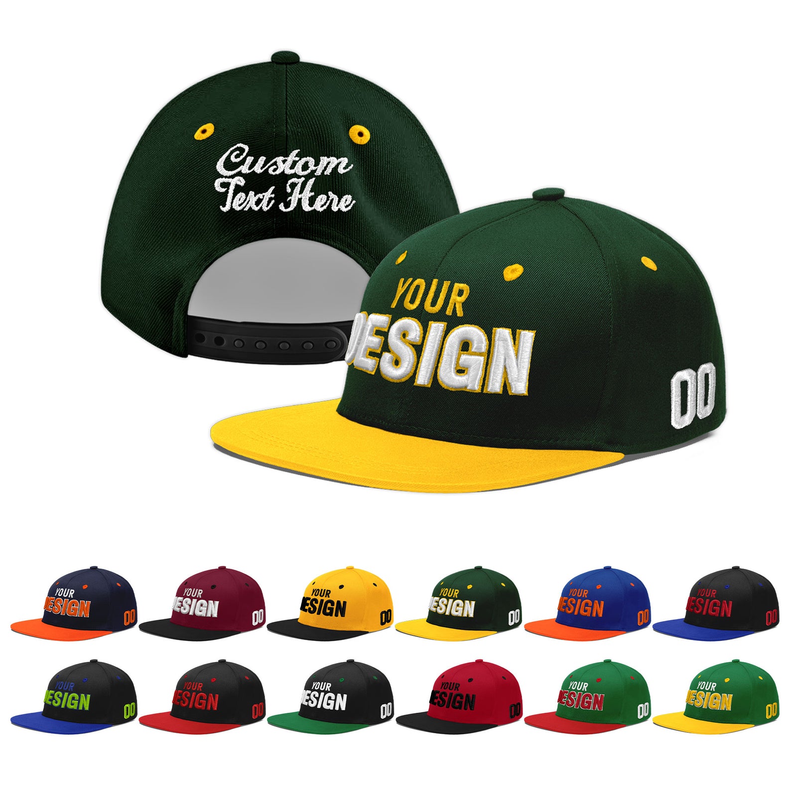 Custom Green Gold 3D Puff Embroidery Flat Embroidery Casual Sport Baseball Cap