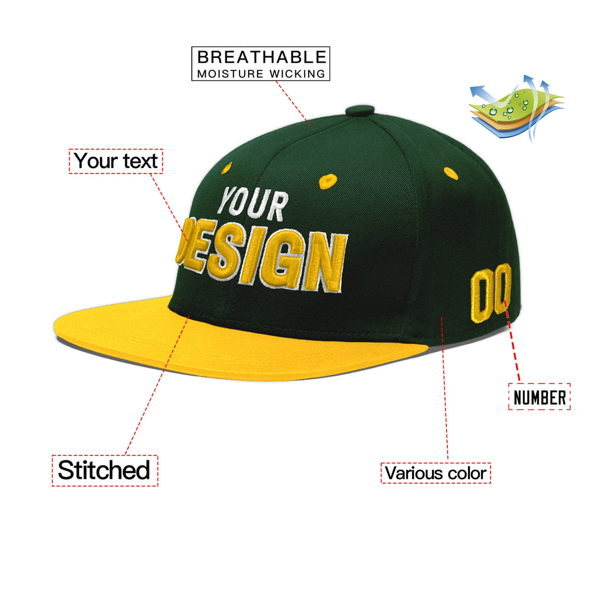 Custom Green Gold 3D Puff Embroidery Flat Embroidery Casual Sport Baseball Cap