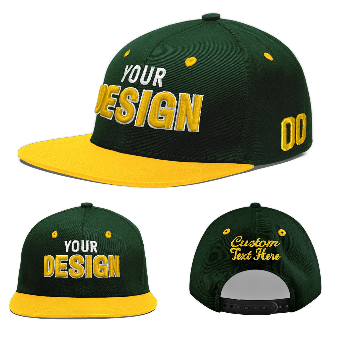 Custom Green Gold 3D Puff Embroidery Flat Embroidery Casual Sport Baseball Cap