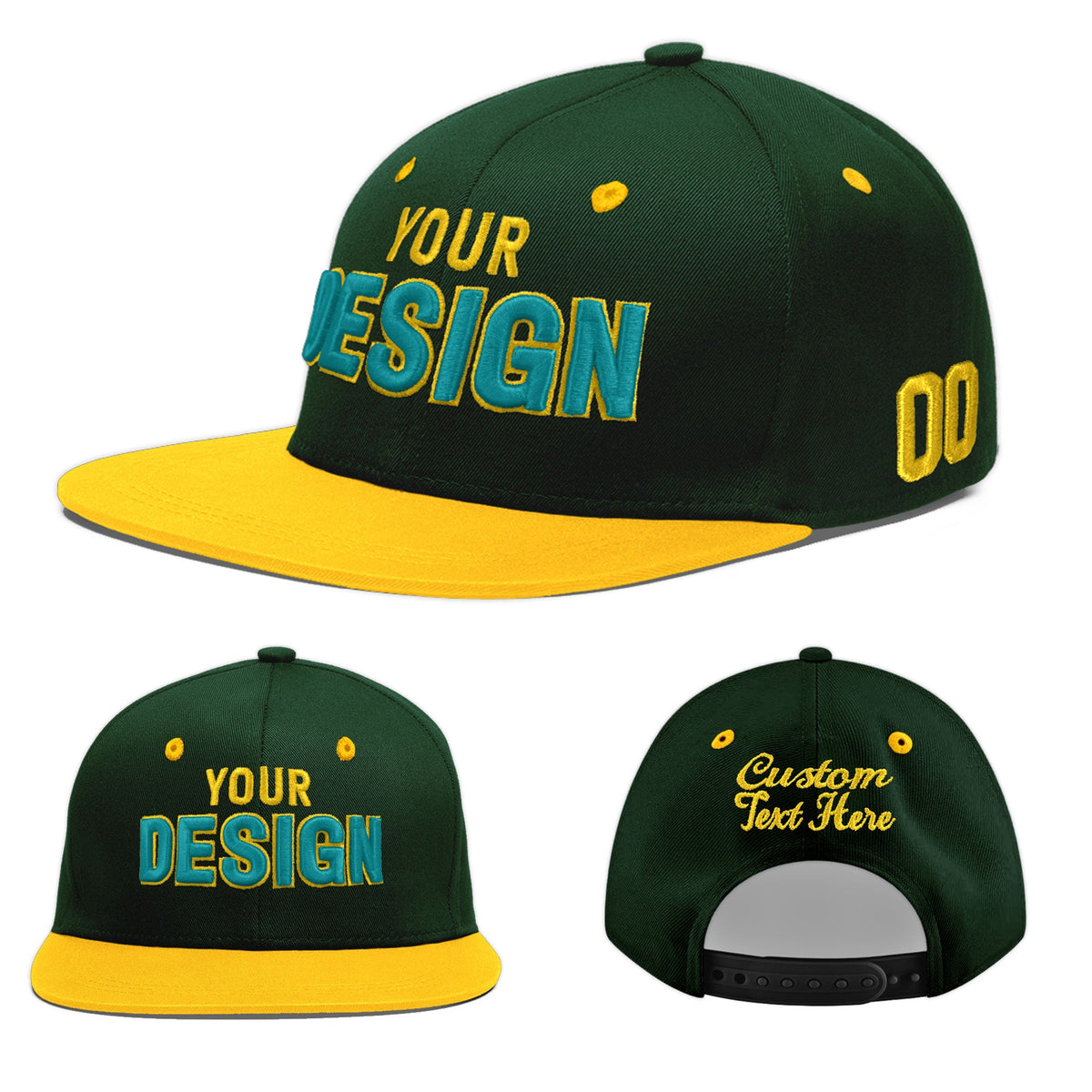Custom Green Gold 3D Puff Embroidery Flat Embroidery Casual Sport Baseball Cap