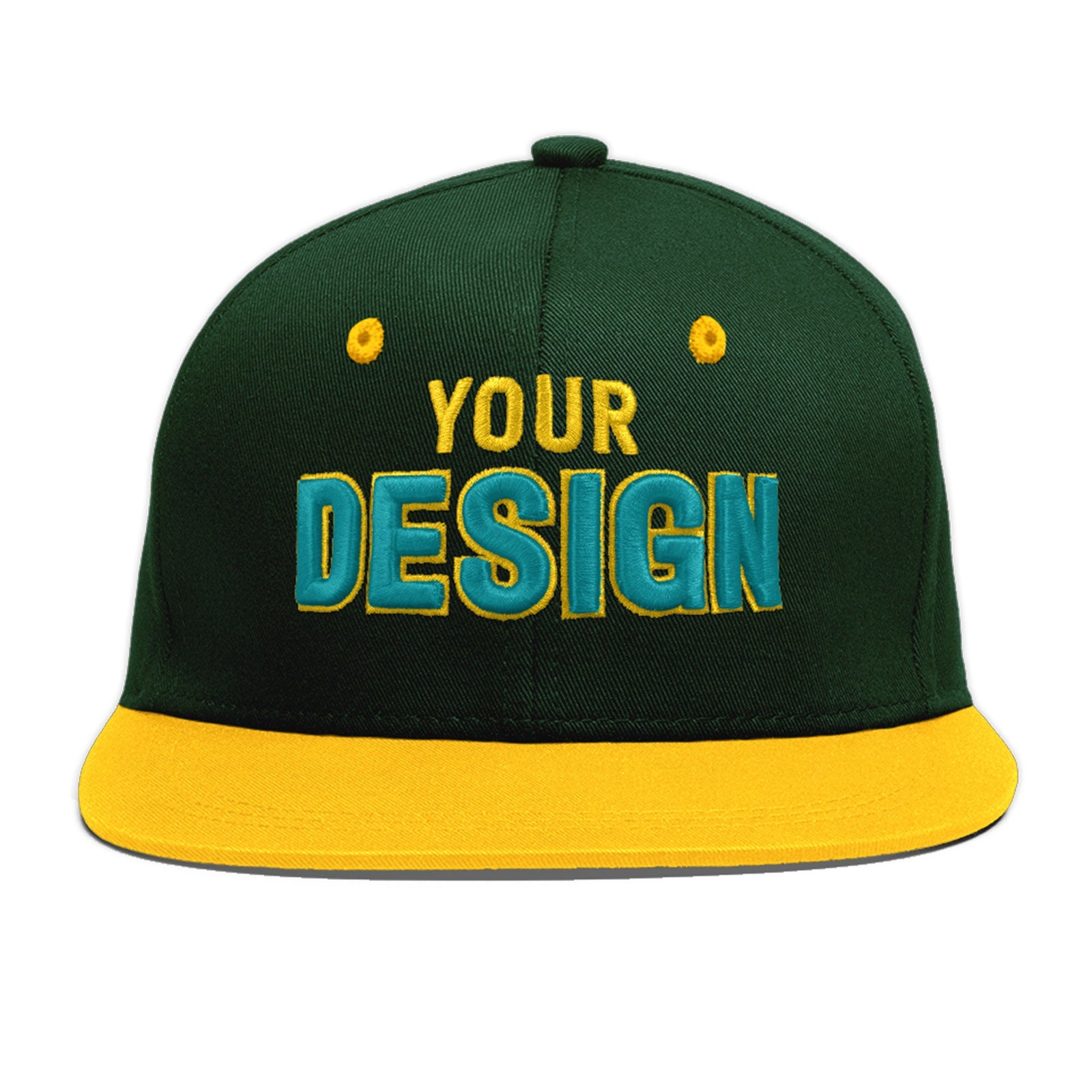 Custom Green Gold 3D Puff Embroidery Flat Embroidery Casual Sport Baseball Cap