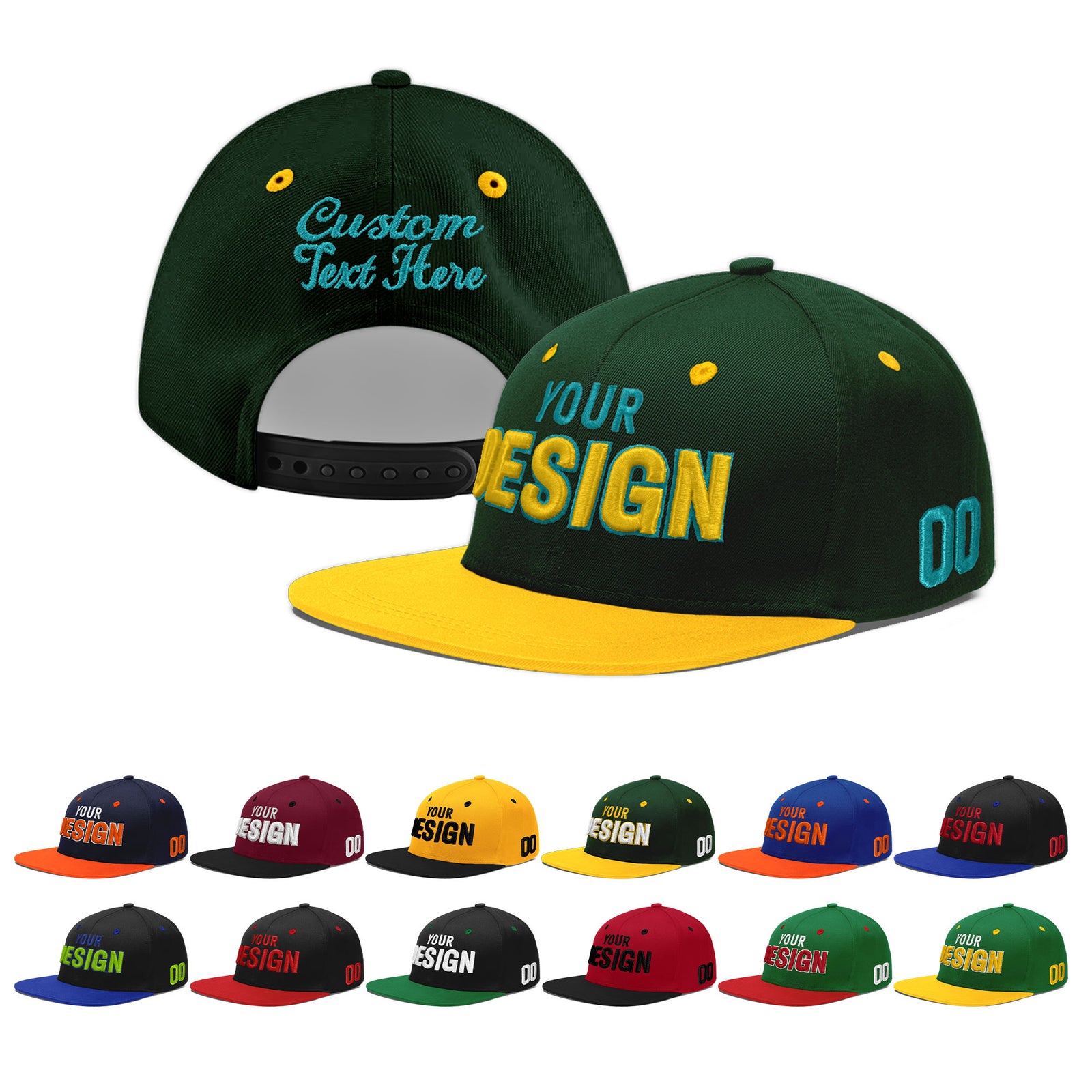 Custom Green Gold 3D Puff Embroidery Flat Embroidery Casual Sport Baseball Cap