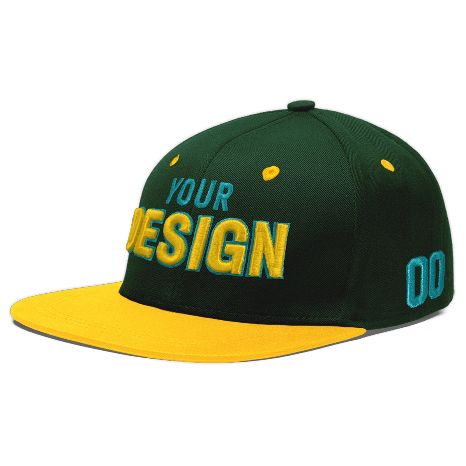 Custom Green Gold 3D Puff Embroidery Flat Embroidery Casual Sport Baseball Cap