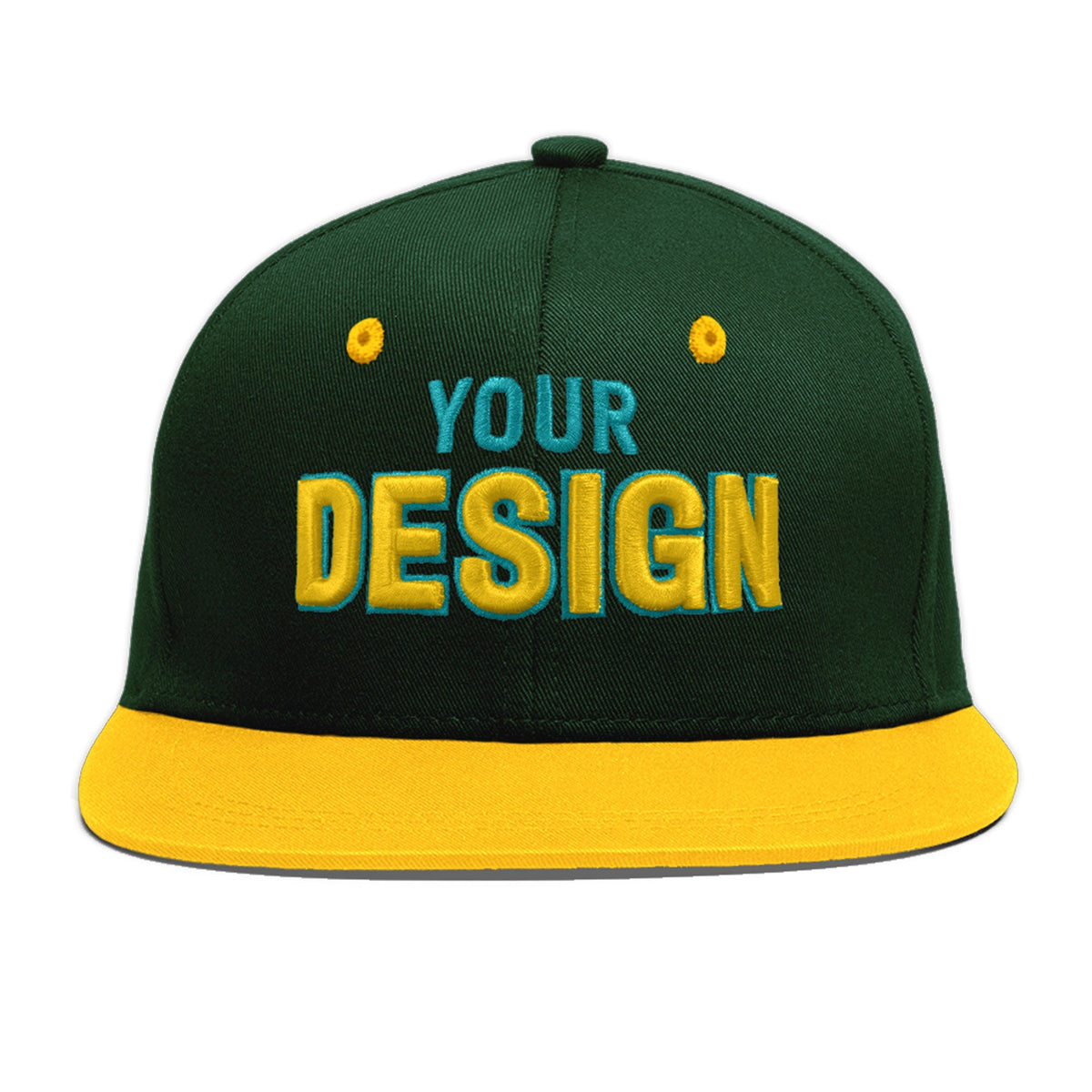 Custom Green Gold 3D Puff Embroidery Flat Embroidery Casual Sport Baseball Cap
