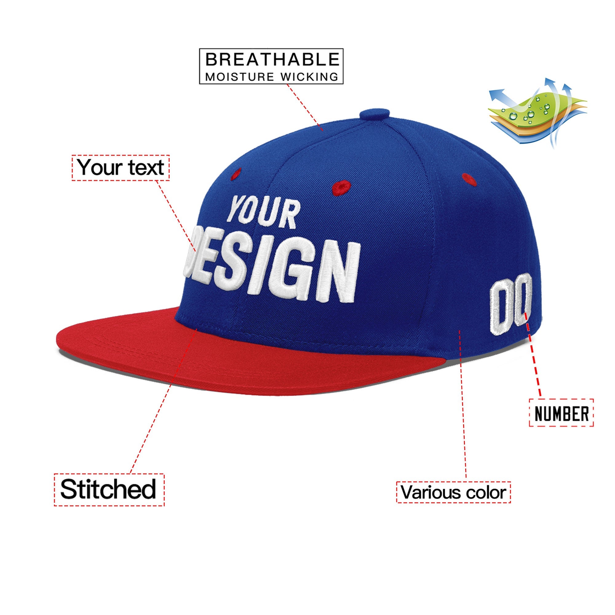 Custom Royal Blue Red 3D Puff Embroidery Flat Embroidery Casual Sport Baseball Cap