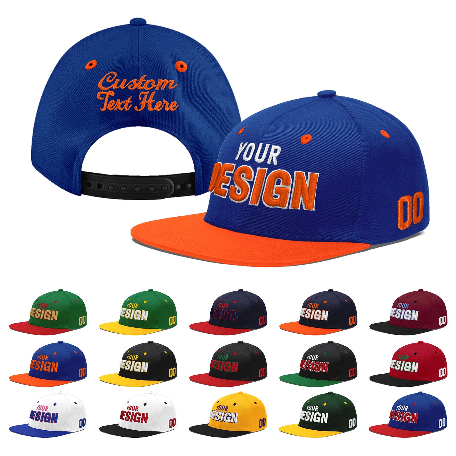 Custom Royal Blue Orange 3D Puff Embroidery Flat Embroidery Casual Sport Baseball Cap