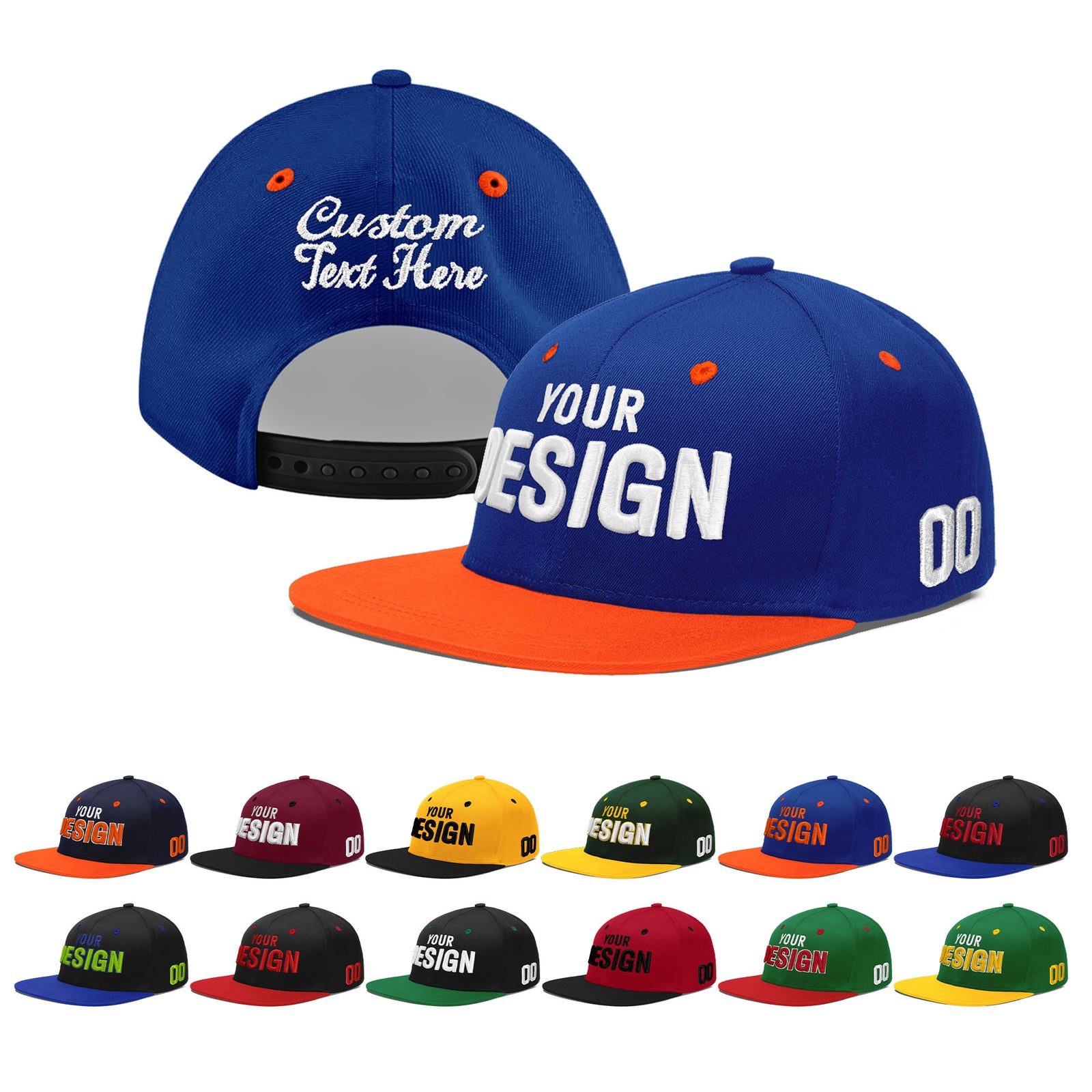 Custom Royal Blue Orange 3D Puff Embroidery Flat Embroidery Casual Sport Baseball Cap