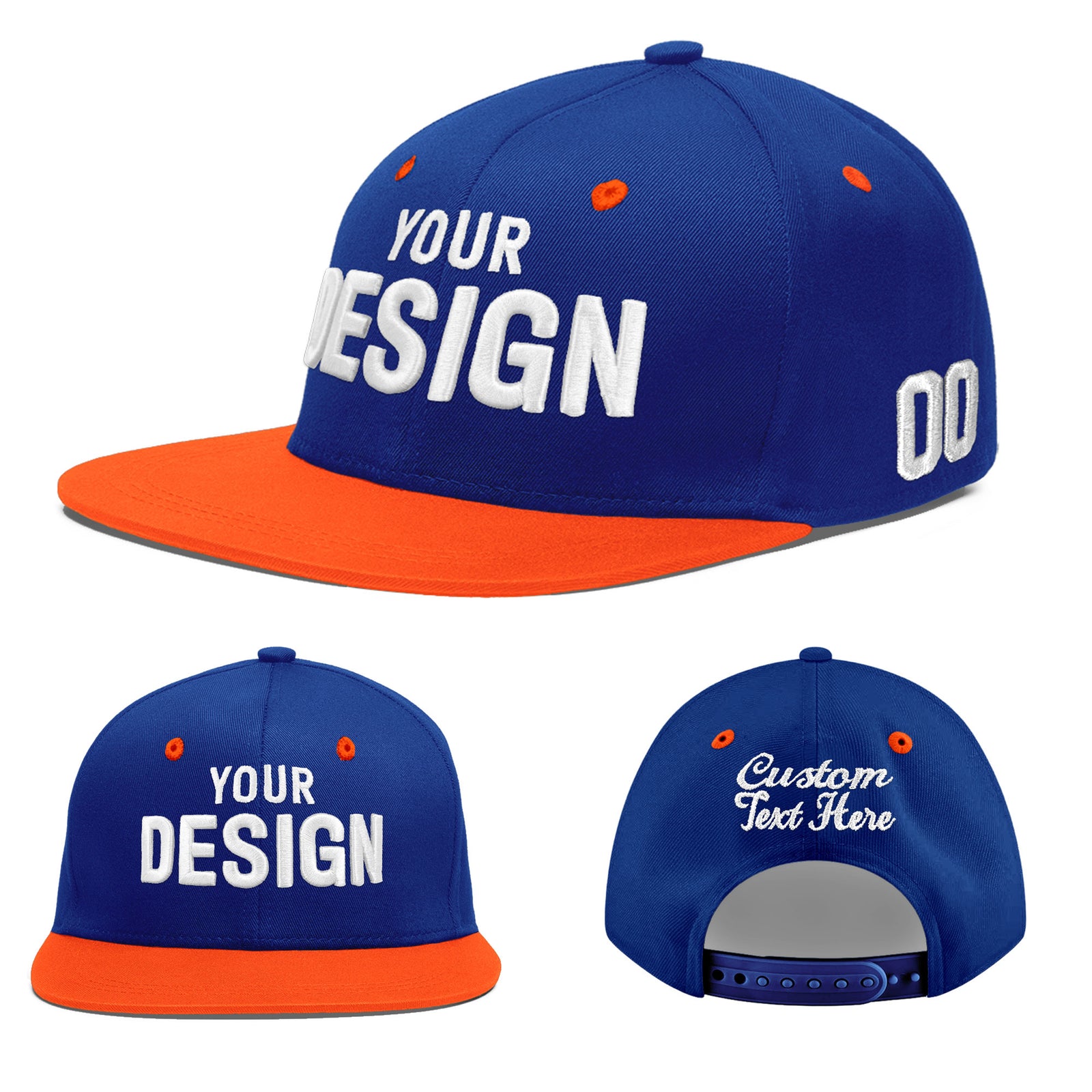 Custom Royal Blue Orange 3D Puff Embroidery Flat Embroidery Casual Sport Baseball Cap