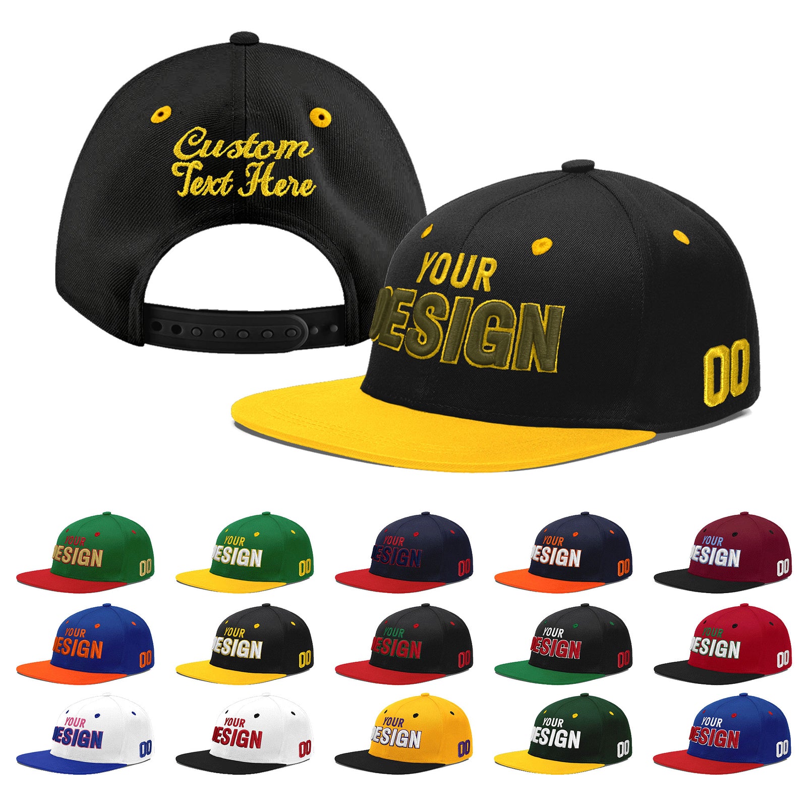 Custom Black Gold 3D Puff Embroidery Flat Embroidery Casual Sport Baseball Cap