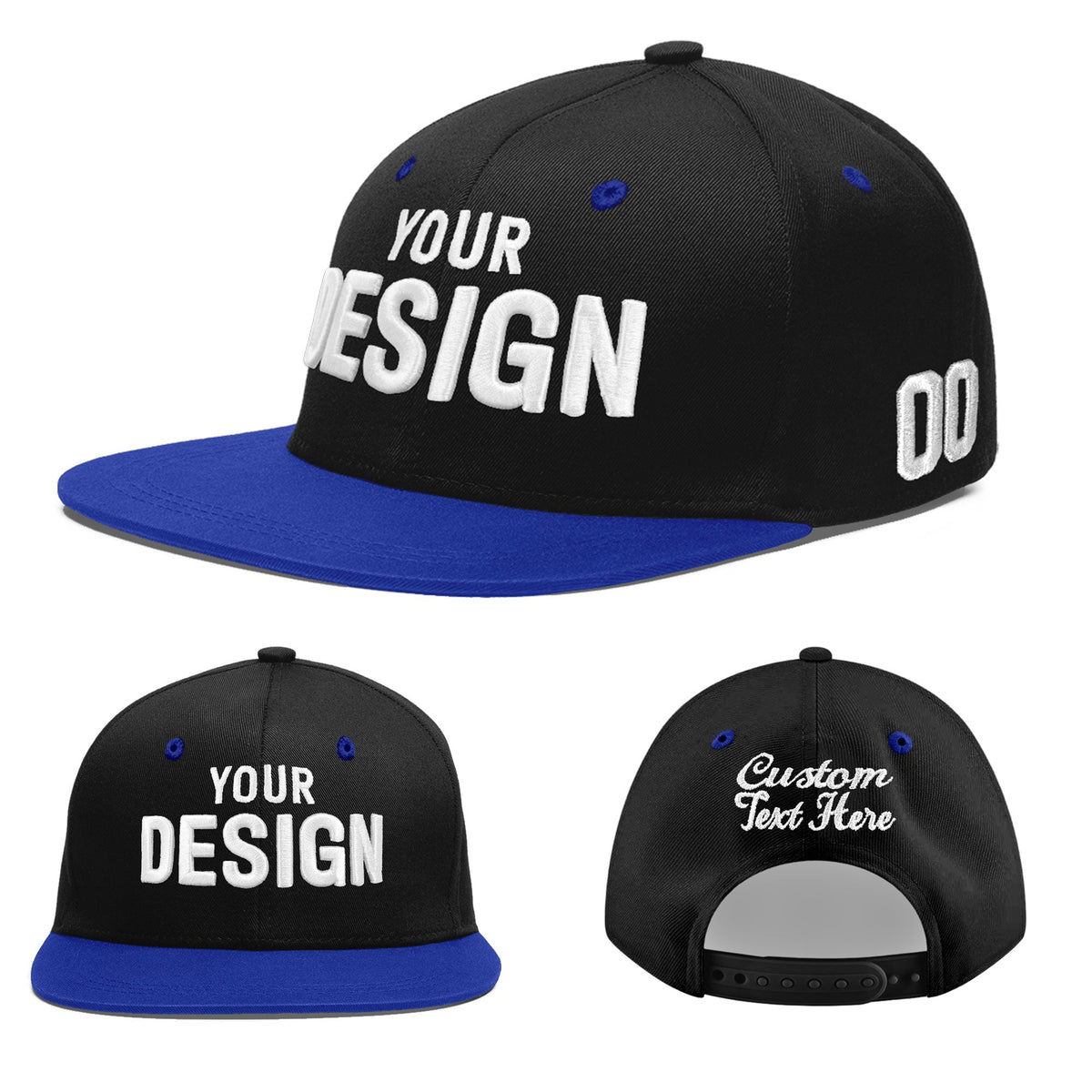 Custom Black Royal Blue 3D Puff Embroidery Flat Embroidery Casual Sport Baseball Cap