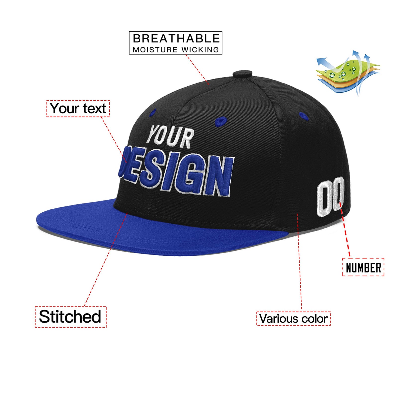 Custom Black Royal Blue 3D Puff Embroidery Flat Embroidery Casual Sport Baseball Cap
