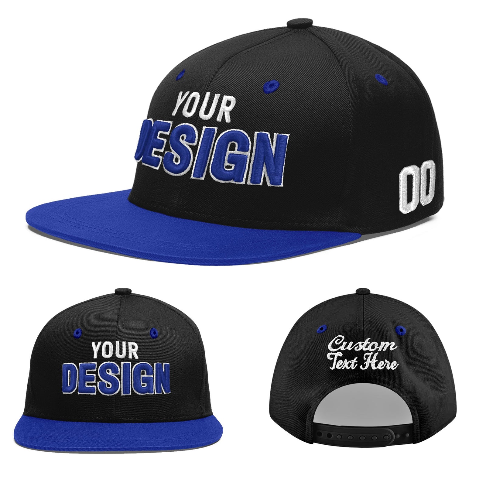 Custom Black Royal Blue 3D Puff Embroidery Flat Embroidery Casual Sport Baseball Cap