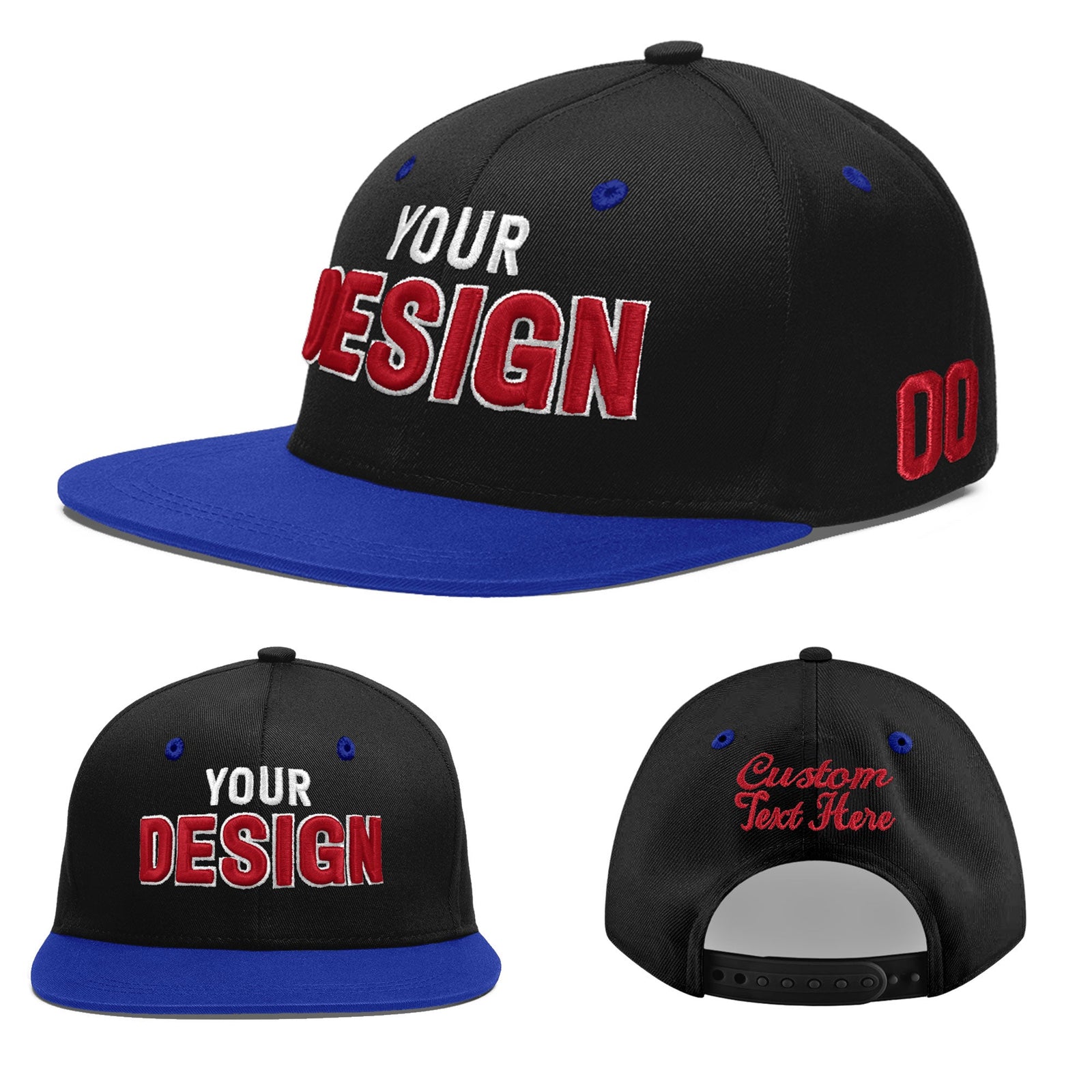 Custom Black Royal Blue 3D Puff Embroidery Flat Embroidery Casual Sport Baseball Cap