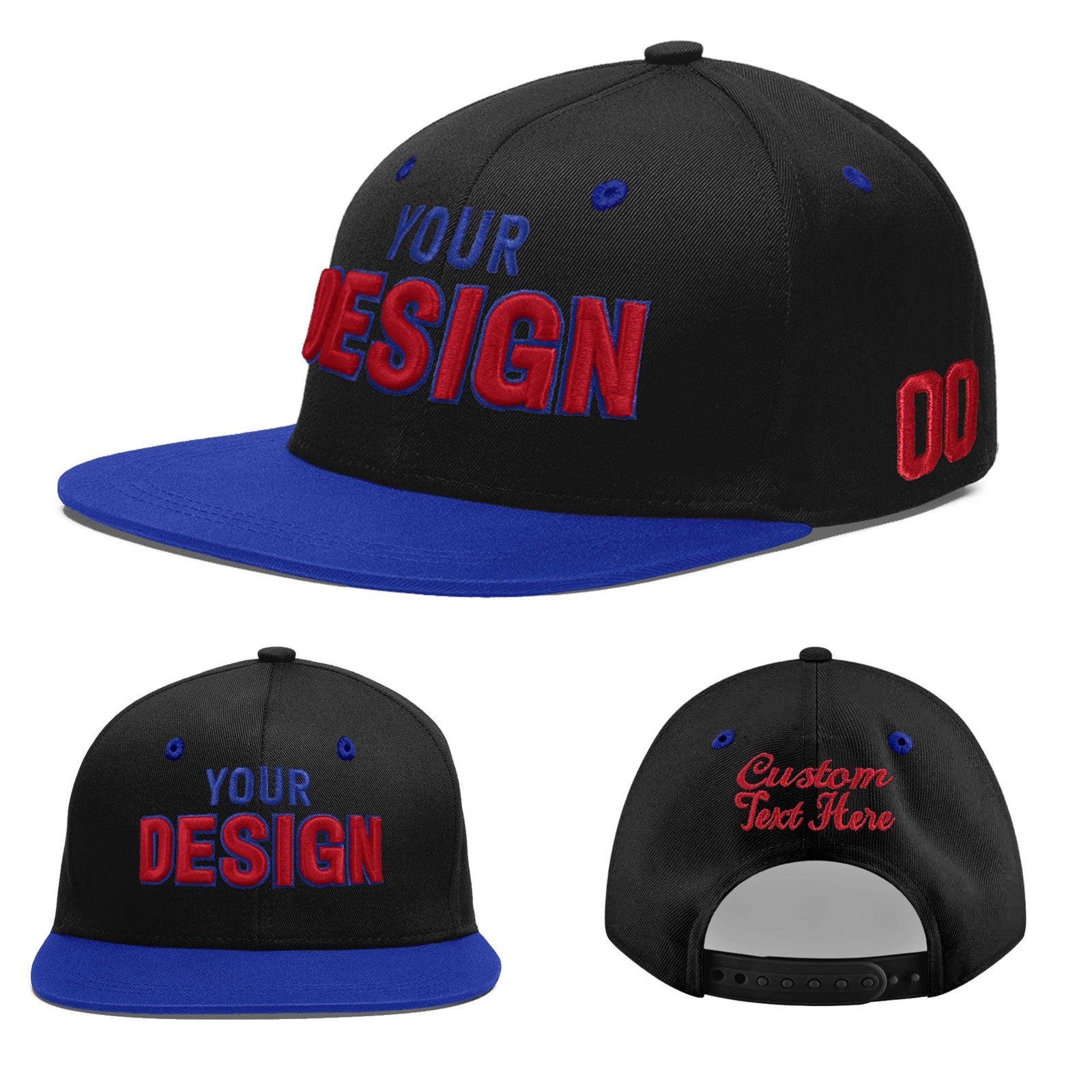 Custom Black Royal Blue 3D Puff Embroidery Flat Embroidery Casual Sport Baseball Cap