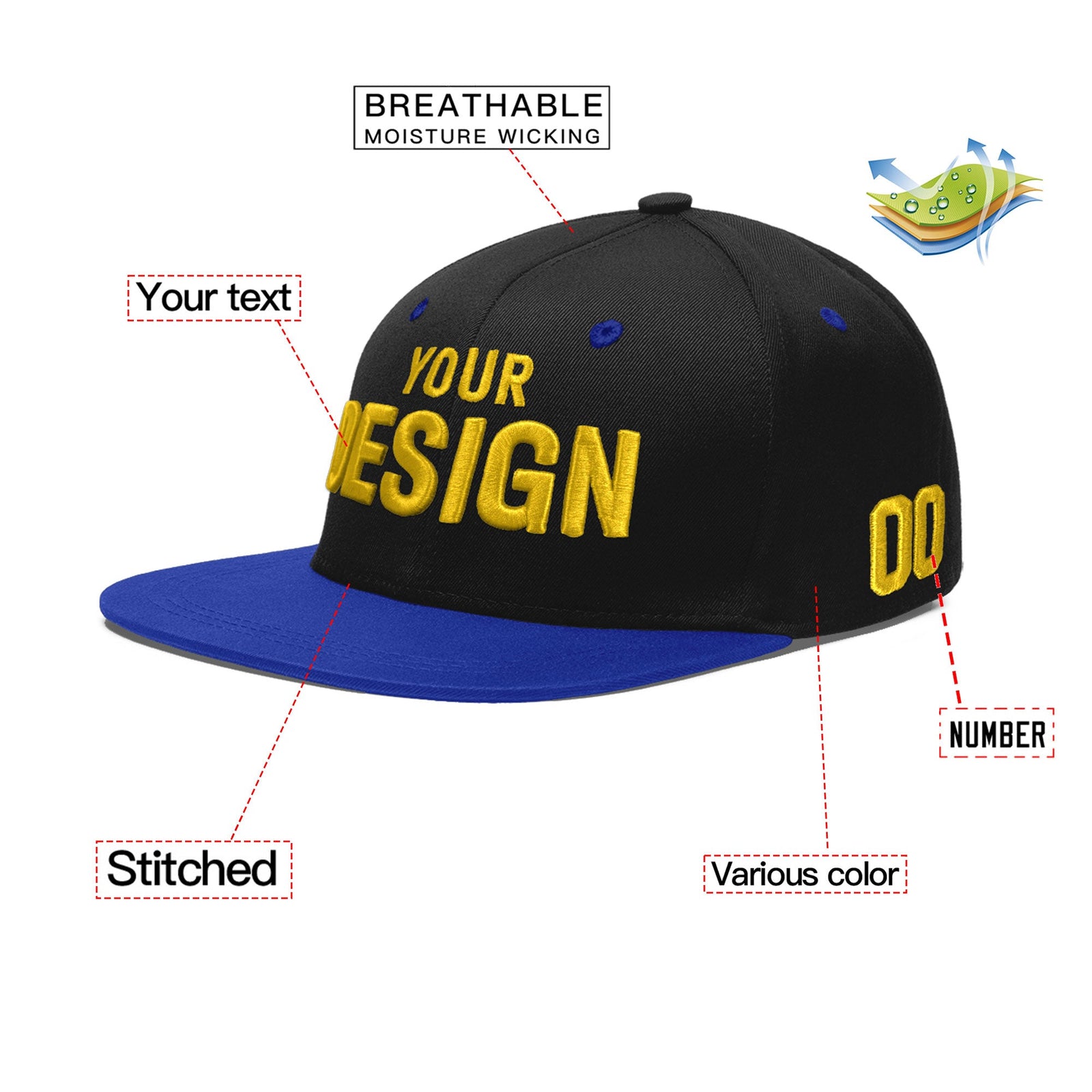 Custom Black Royal Blue 3D Puff Embroidery Flat Embroidery Casual Sport Baseball Cap
