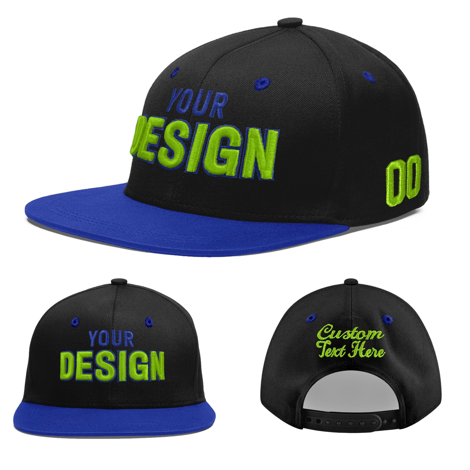 Custom Black Royal Blue 3D Puff Embroidery Flat Embroidery Casual Sport Baseball Cap