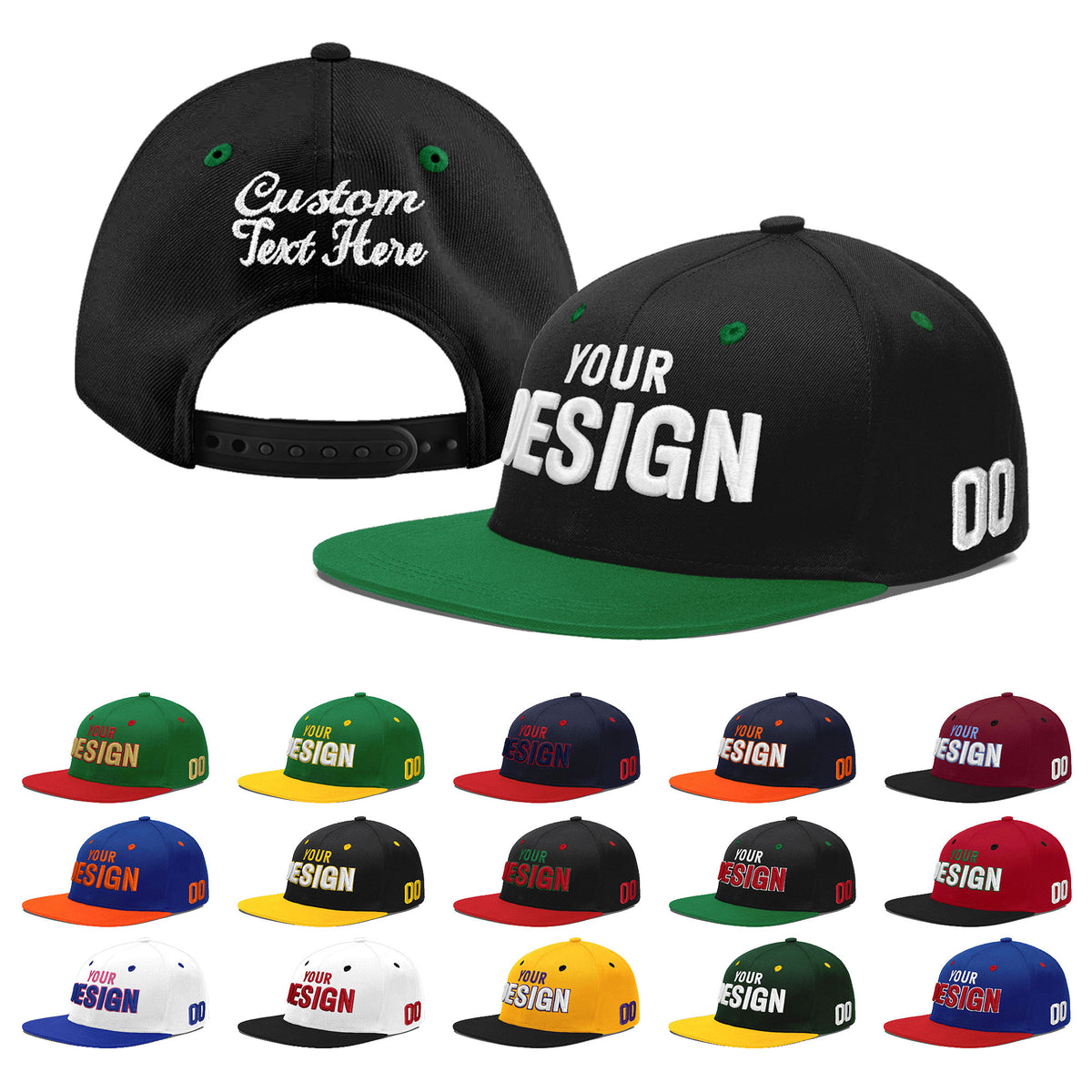 Custom Black Kelly Green 3D Puff Embroidery Flat Embroidery Casual Sport Baseball Cap
