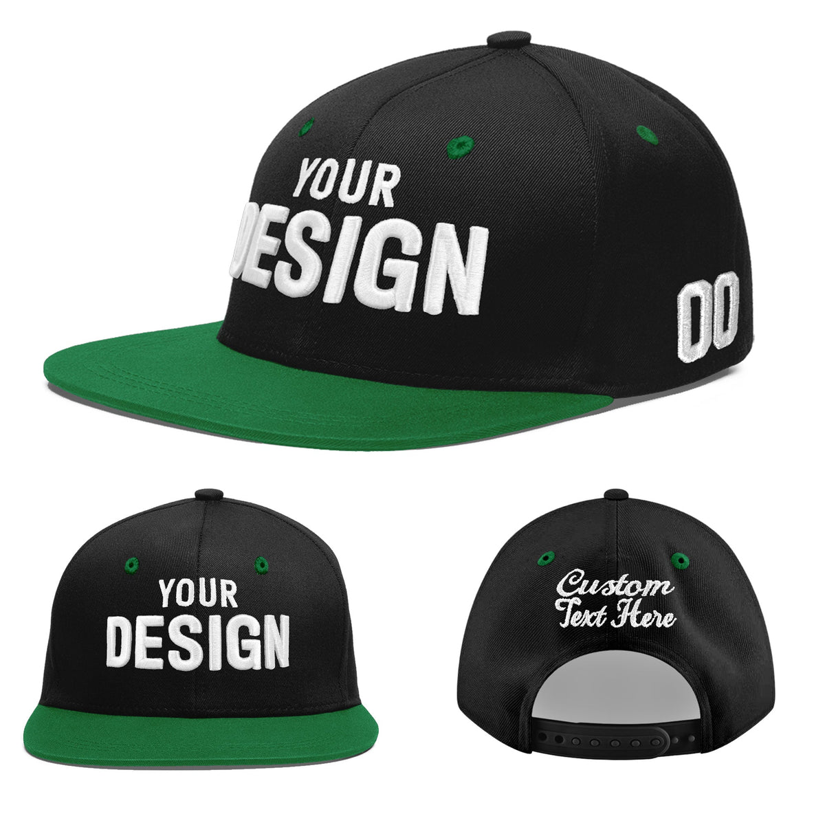 Custom Black Kelly Green 3D Puff Embroidery Flat Embroidery Casual Sport Baseball Cap