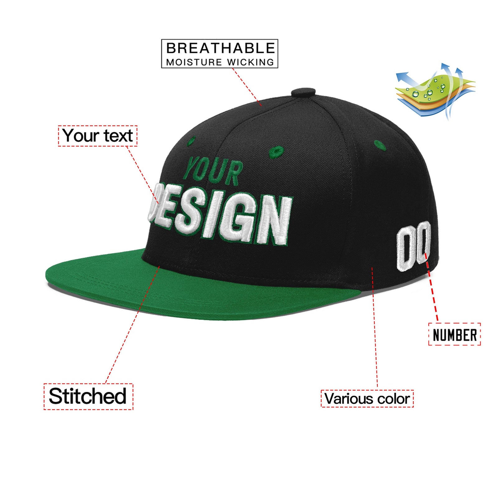 Custom Black Kelly Green 3D Puff Embroidery Flat Embroidery Casual Sport Baseball Cap