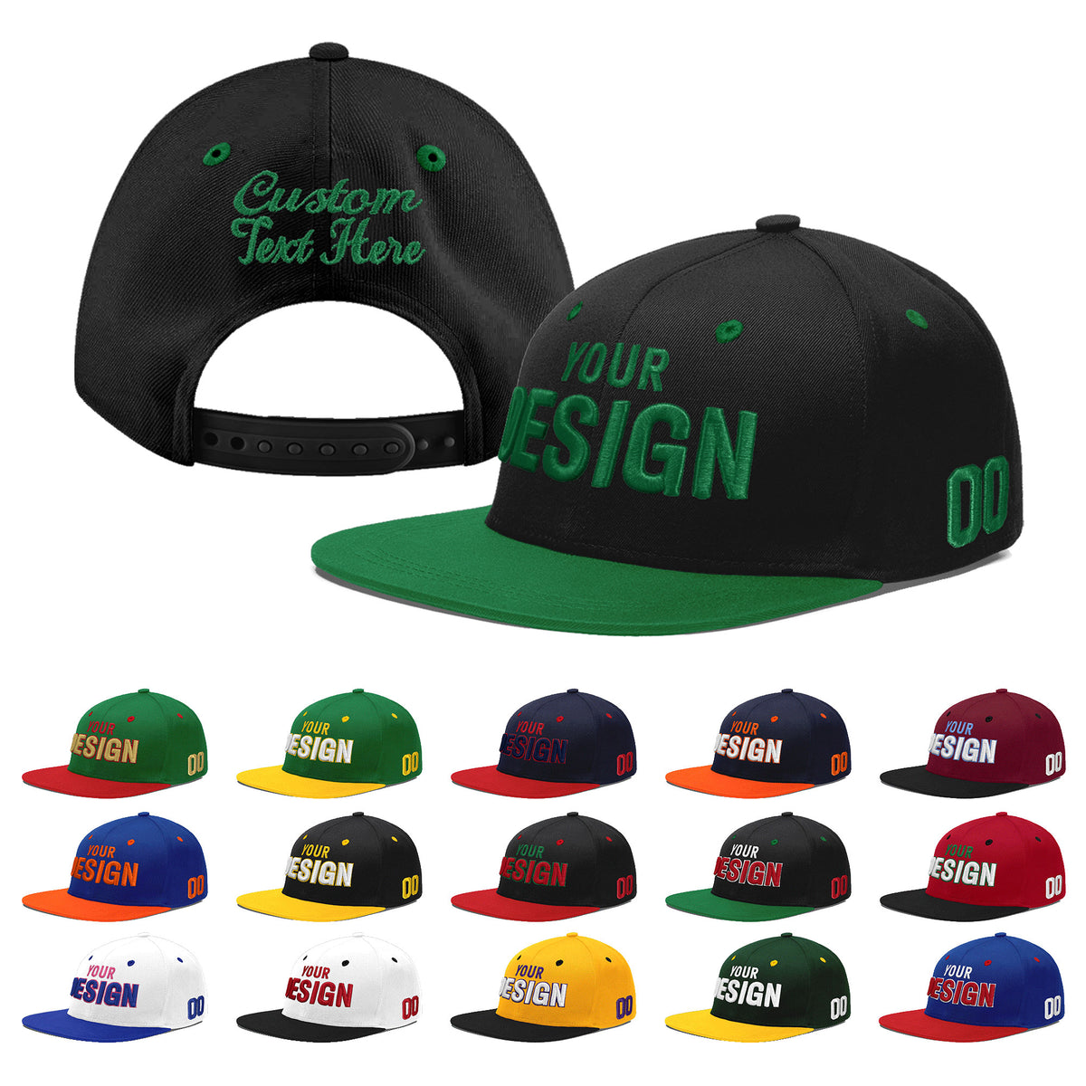 Custom Black Kelly Green 3D Puff Embroidery Flat Embroidery Casual Sport Baseball Cap
