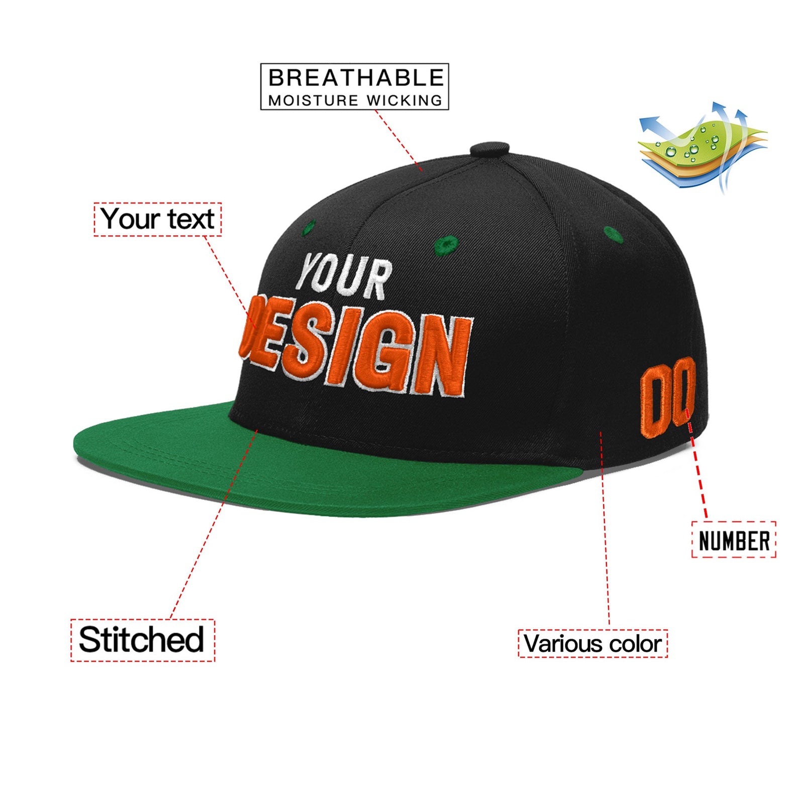 Custom Black Kelly Green 3D Puff Embroidery Flat Embroidery Casual Sport Baseball Cap