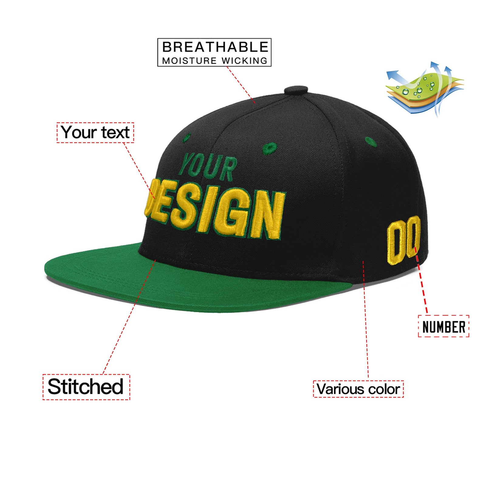 Custom Black Kelly Green 3D Puff Embroidery Flat Embroidery Casual Sport Baseball Cap