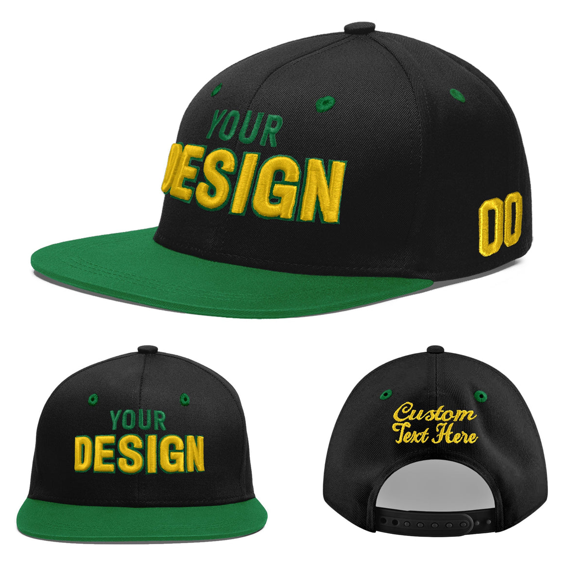 Custom Black Kelly Green 3D Puff Embroidery Flat Embroidery Casual Sport Baseball Cap