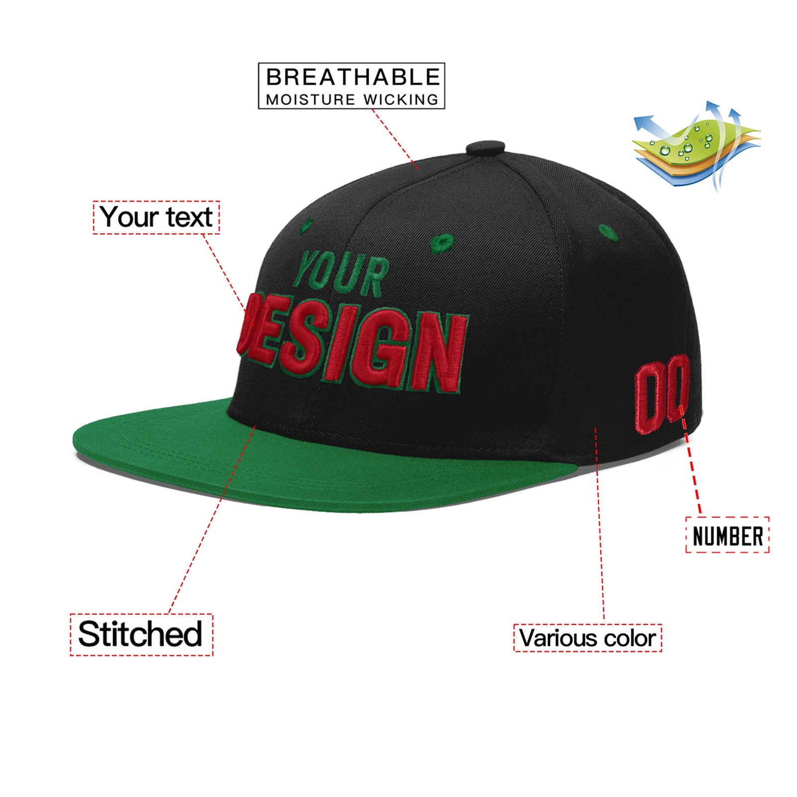Custom Black Kelly Green 3D Puff Embroidery Flat Embroidery Casual Sport Baseball Cap