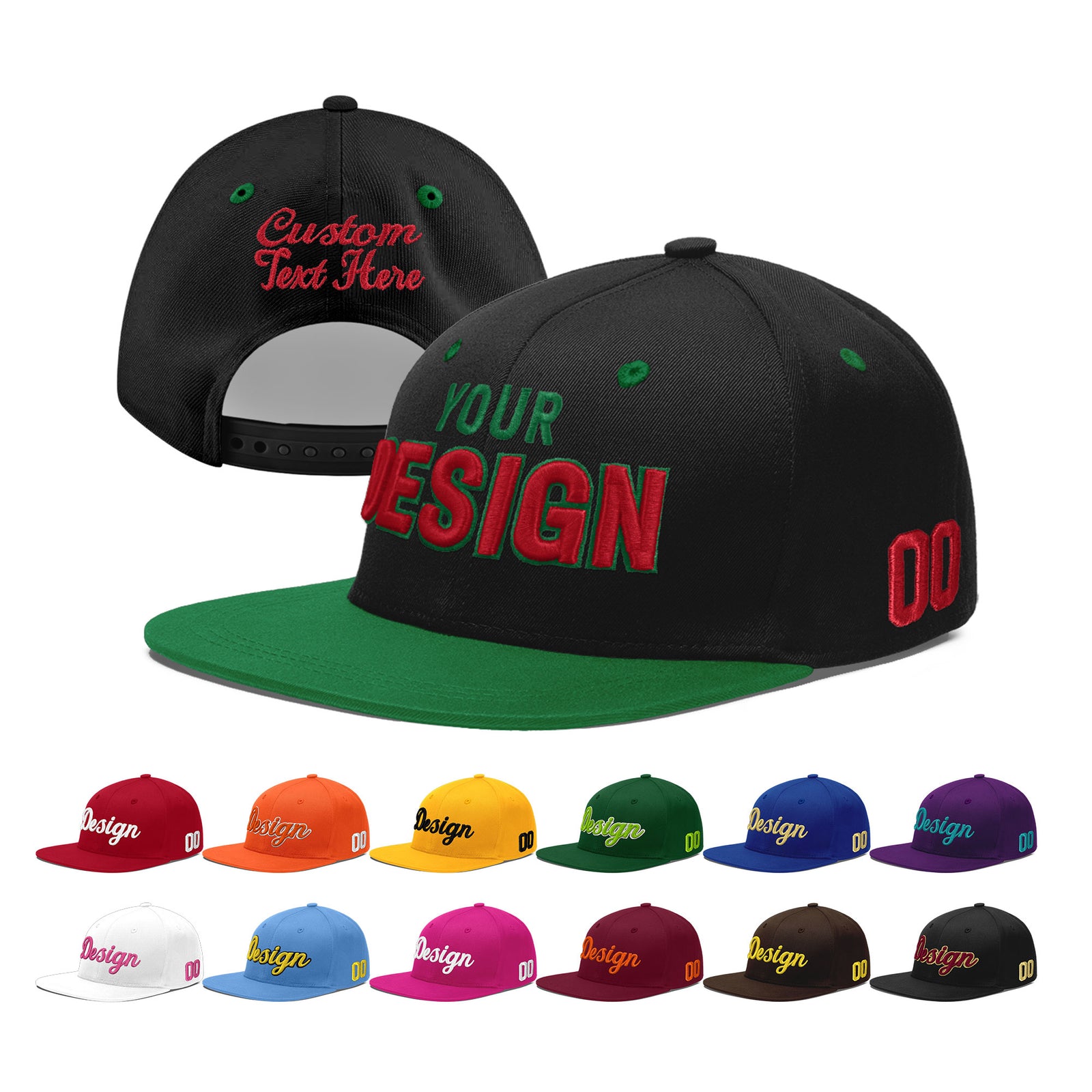 Custom Black Kelly Green 3D Puff Embroidery Flat Embroidery Casual Sport Baseball Cap