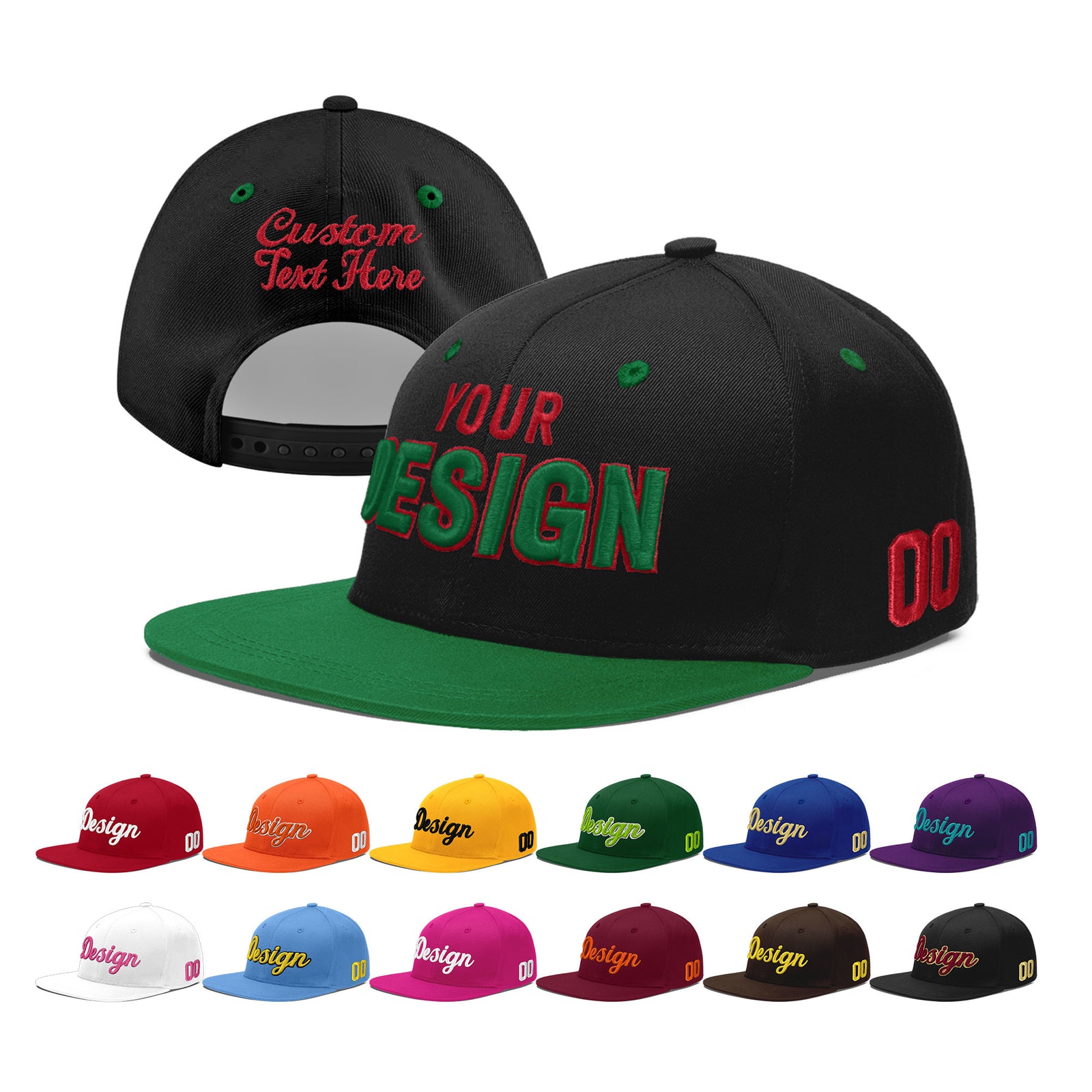 Custom Black Kelly Green 3D Puff Embroidery Flat Embroidery Casual Sport Baseball Cap