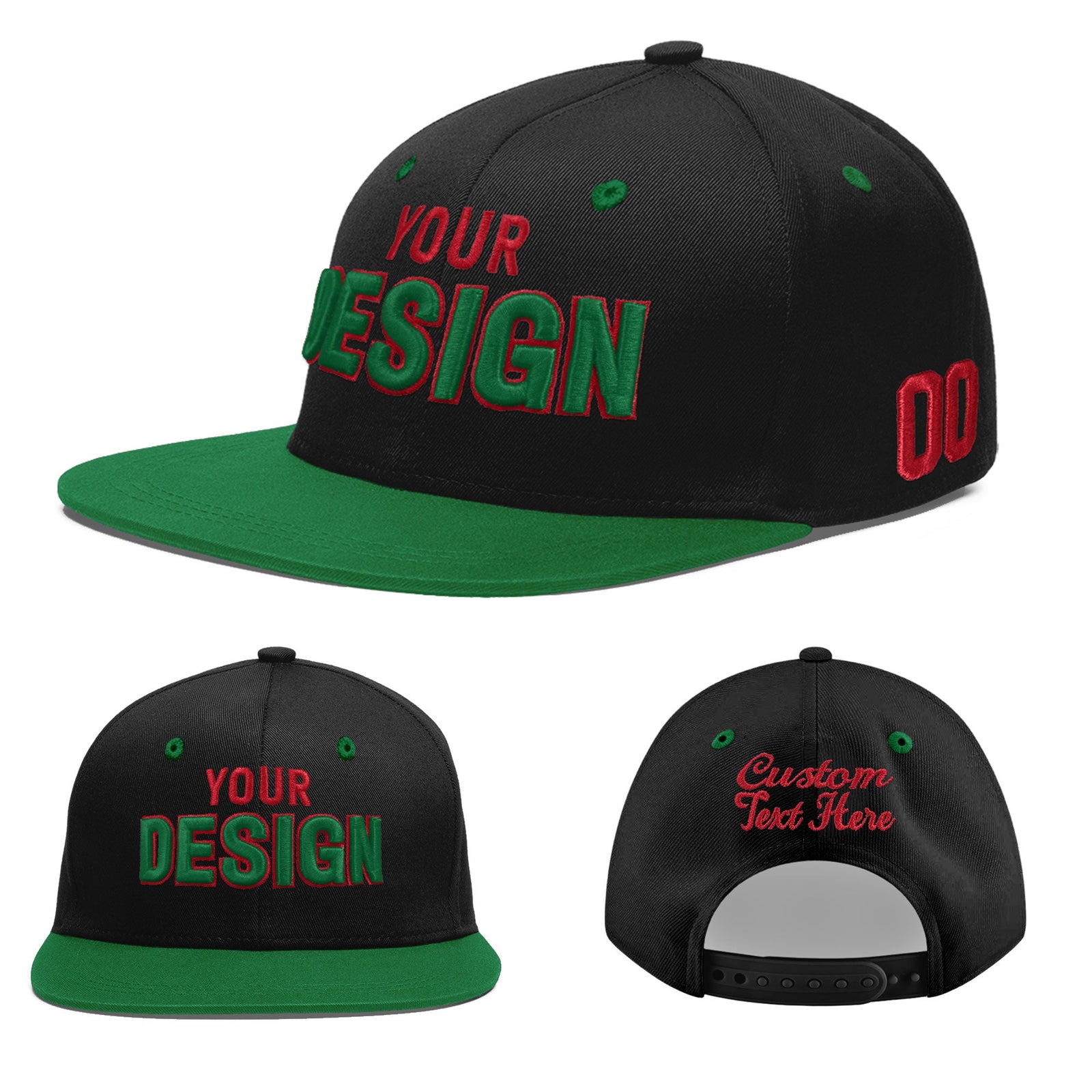 Custom Black Kelly Green 3D Puff Embroidery Flat Embroidery Casual Sport Baseball Cap