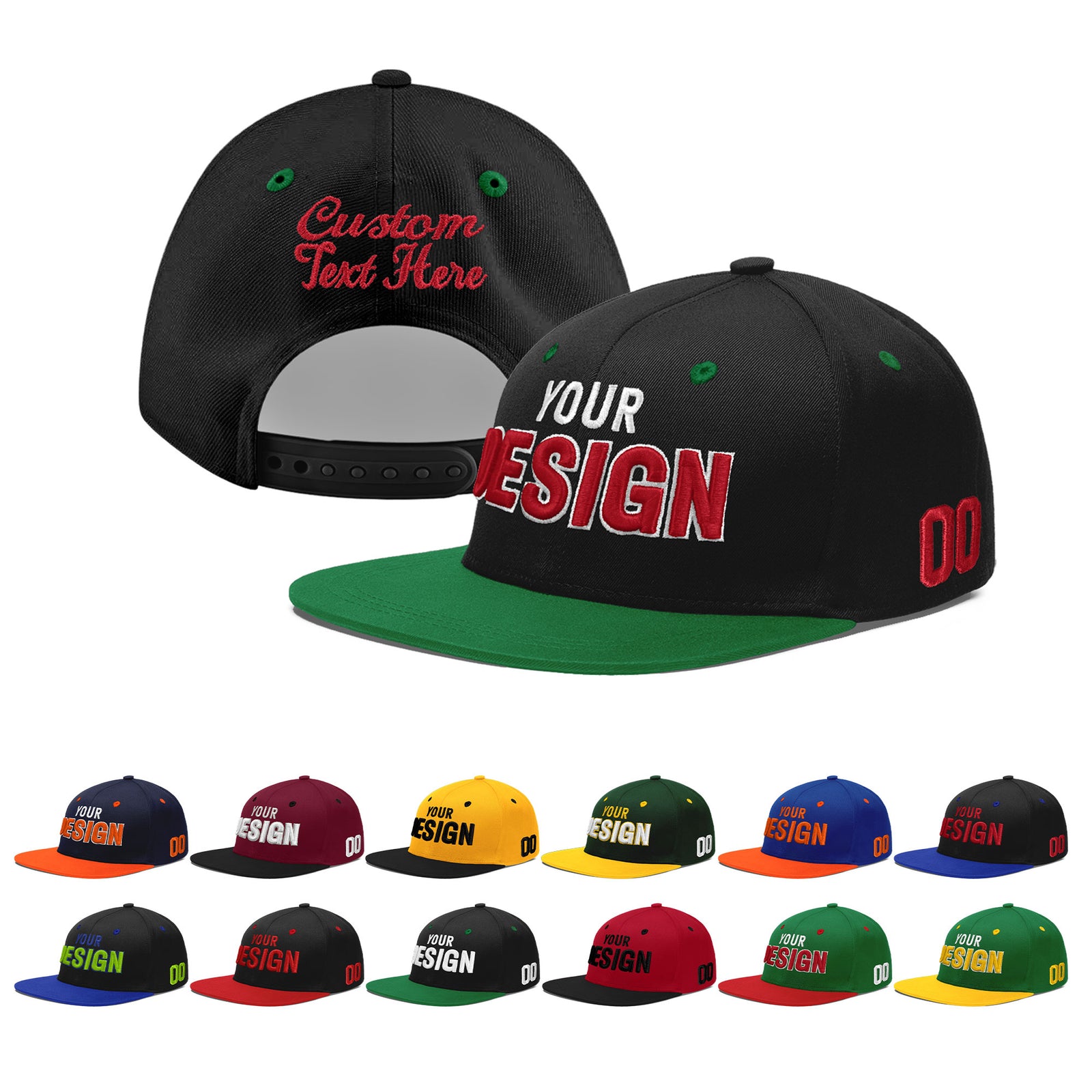 Custom Black Kelly Green 3D Puff Embroidery Flat Embroidery Casual Sport Baseball Cap