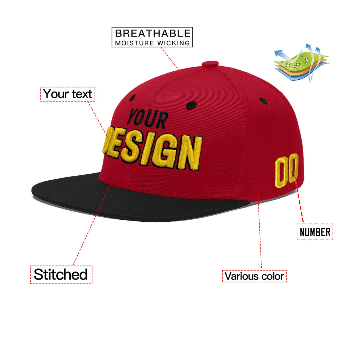 Custom Red Black 3D Puff Embroidery Flat Embroidery Casual Sport Baseball Cap