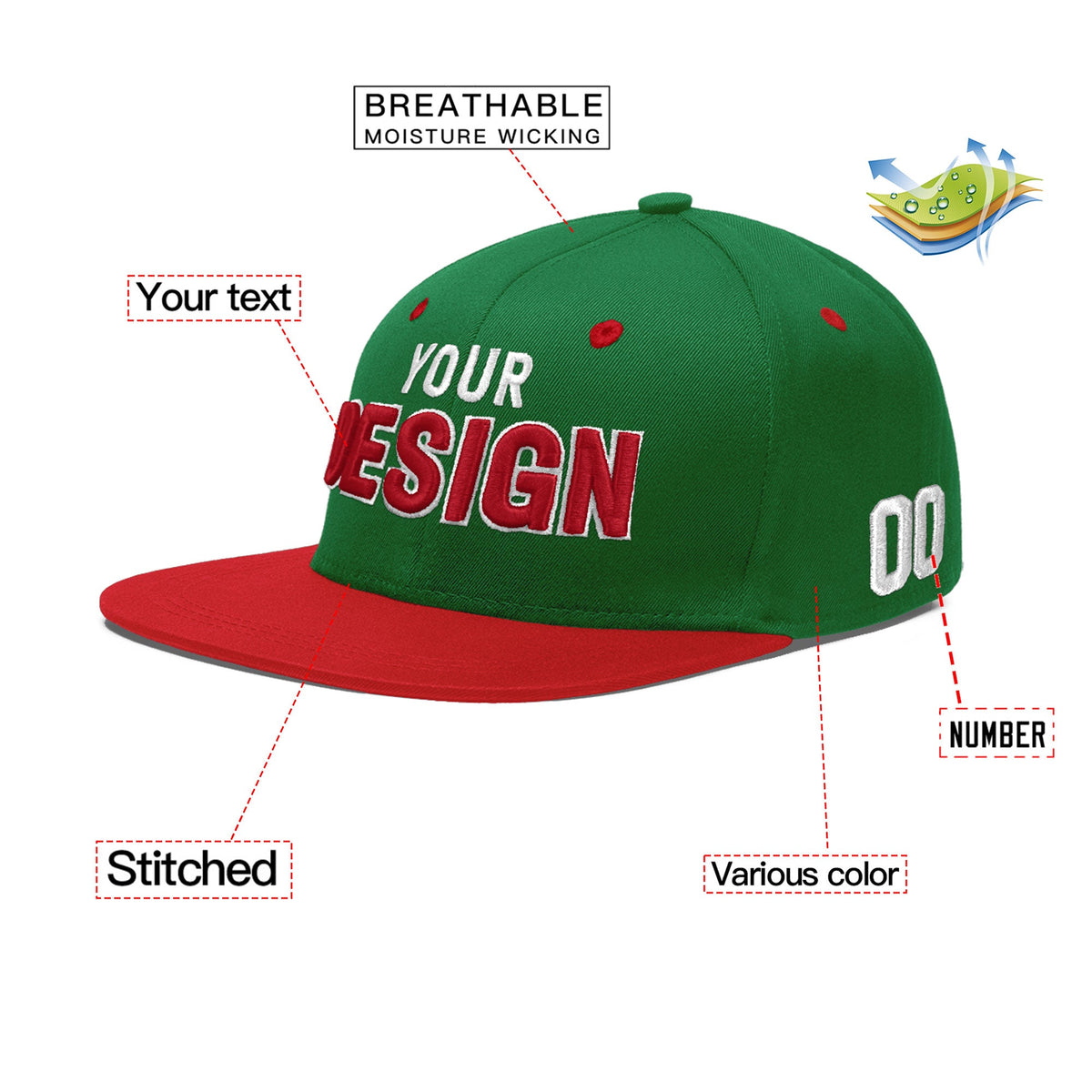 Custom Kelly Green Red 3D Puff Embroidery Flat Embroidery Casual Sport Baseball Cap