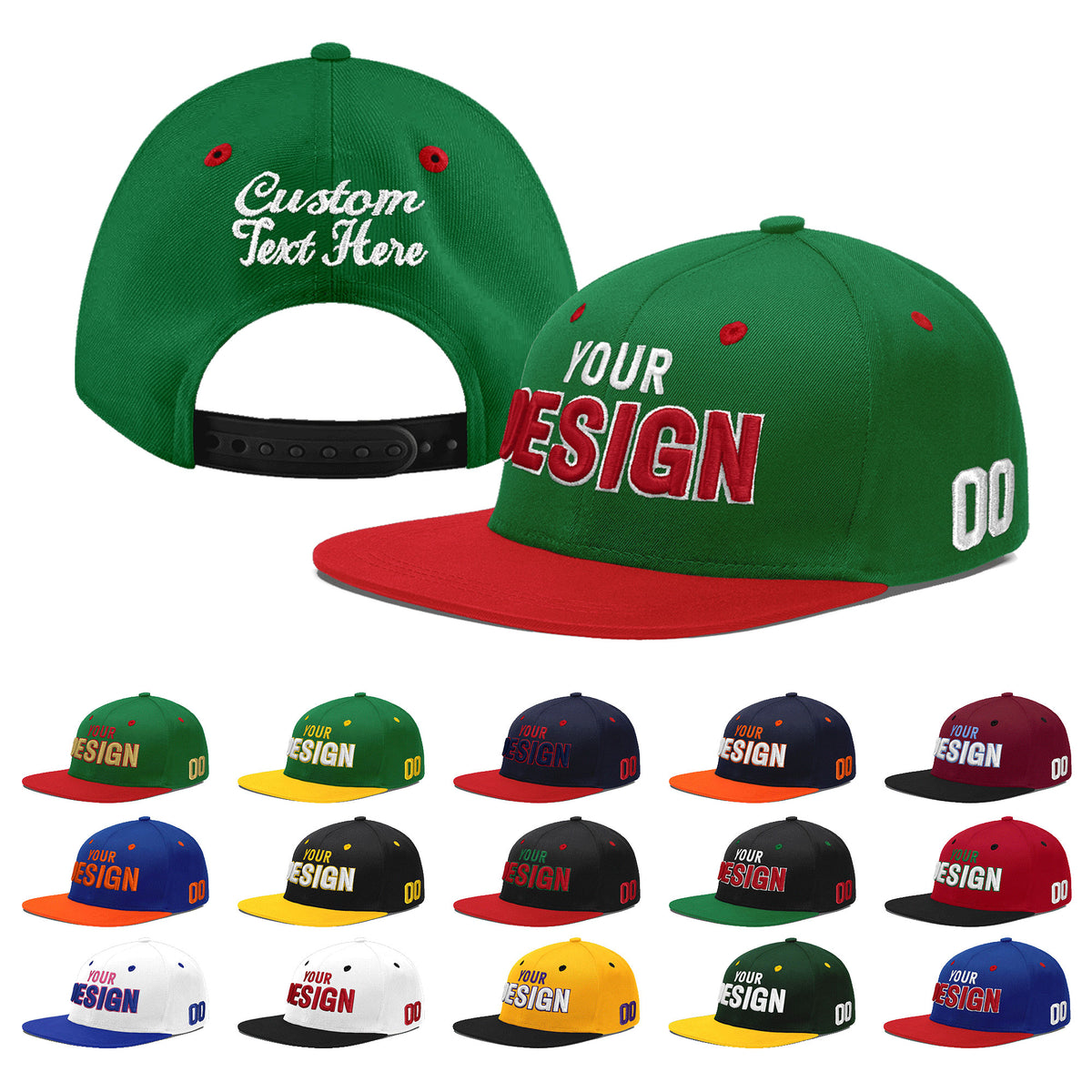 Custom Kelly Green Red 3D Puff Embroidery Flat Embroidery Casual Sport Baseball Cap