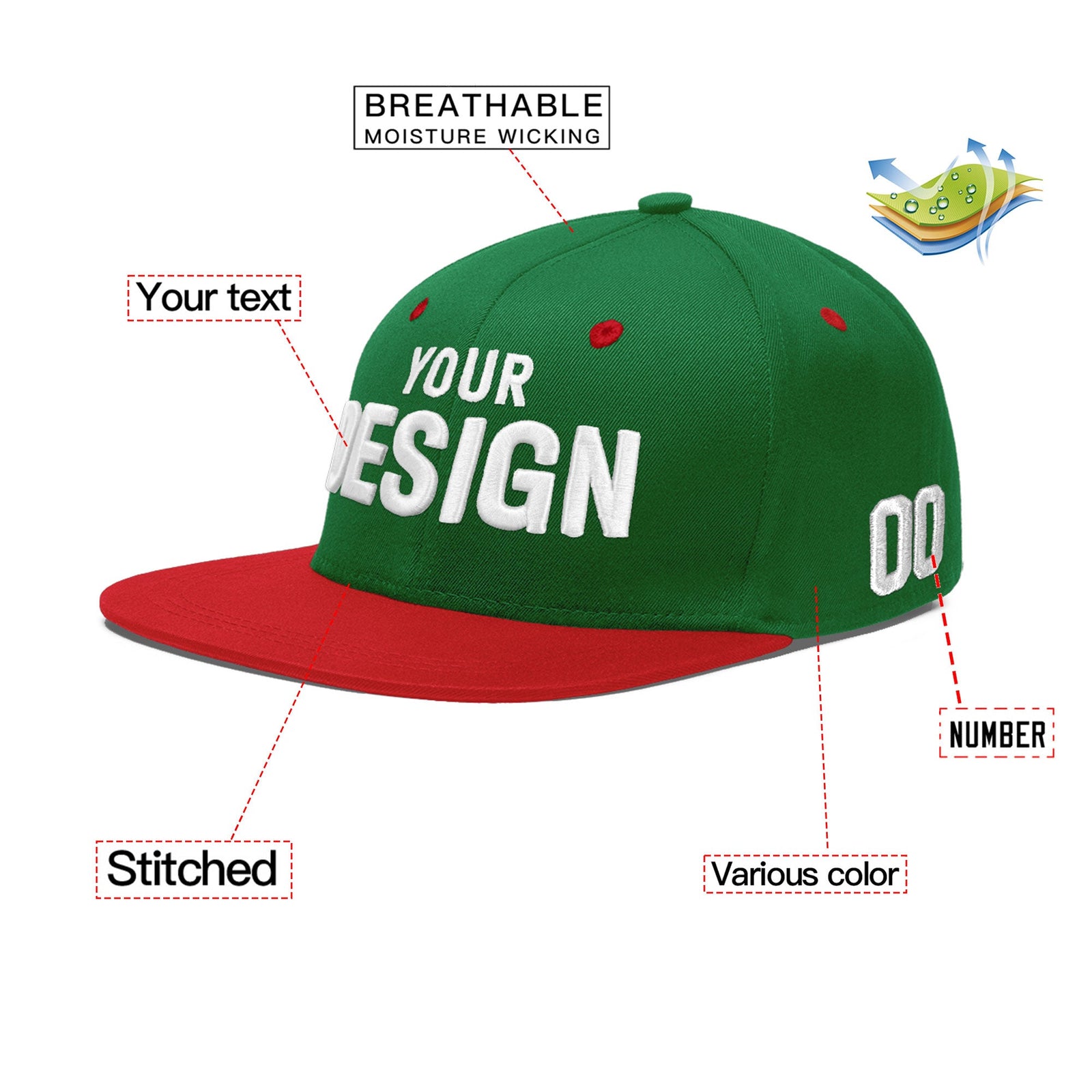 Custom Kelly Green Red 3D Puff Embroidery Flat Embroidery Casual Sport Baseball Cap