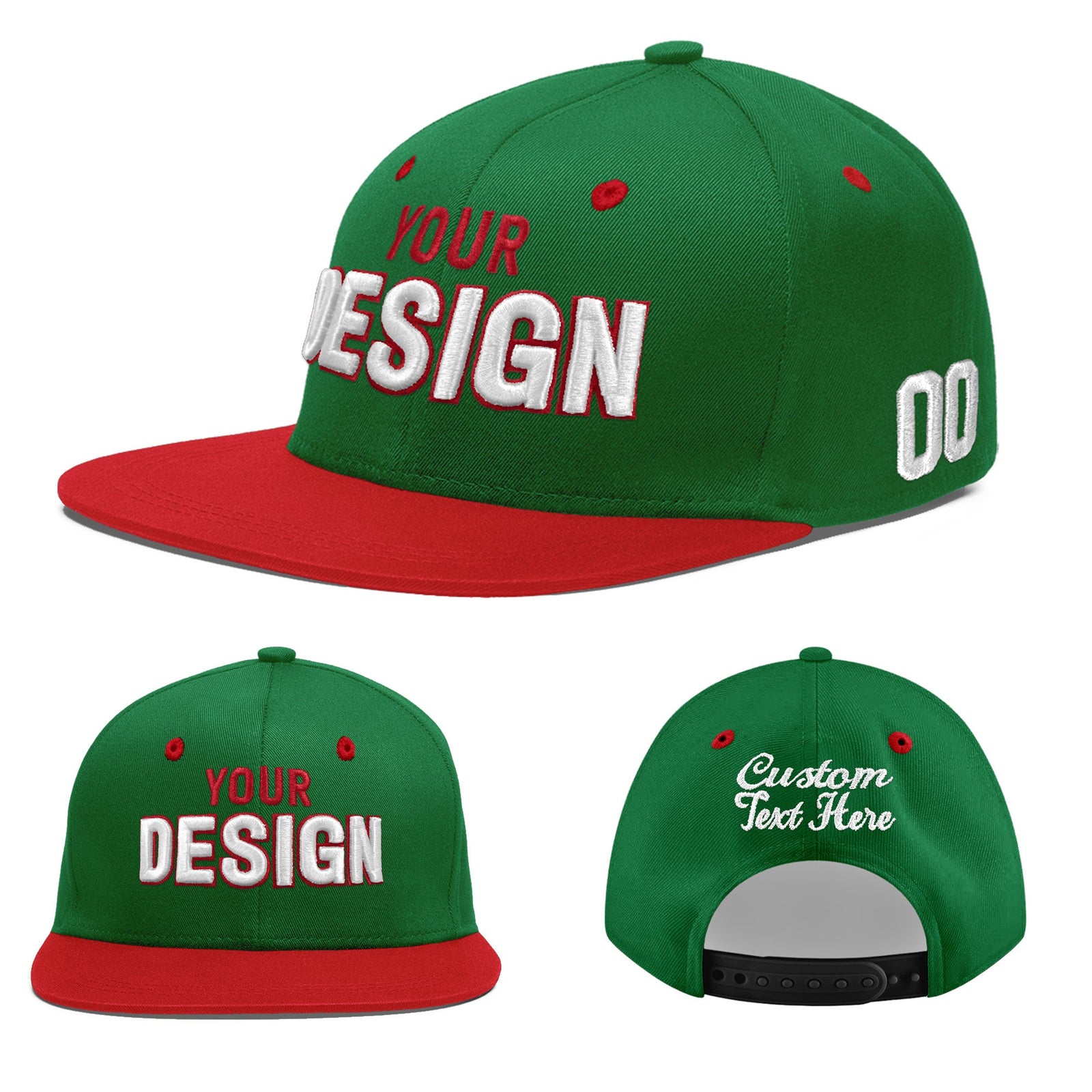 Custom Kelly Green Red 3D Puff Embroidery Flat Embroidery Casual Sport Baseball Cap