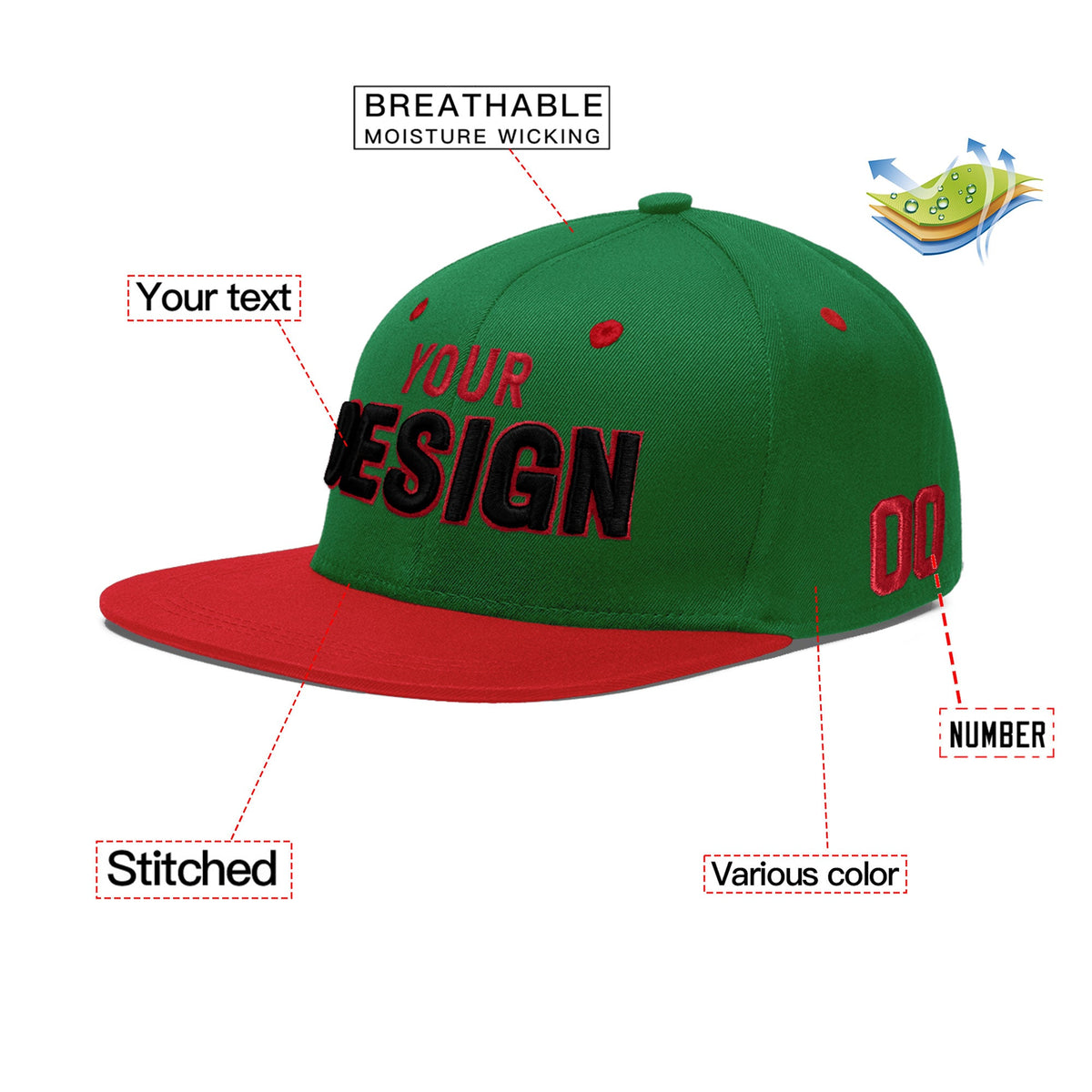 Custom Kelly Green Red 3D Puff Embroidery Flat Embroidery Casual Sport Baseball Cap