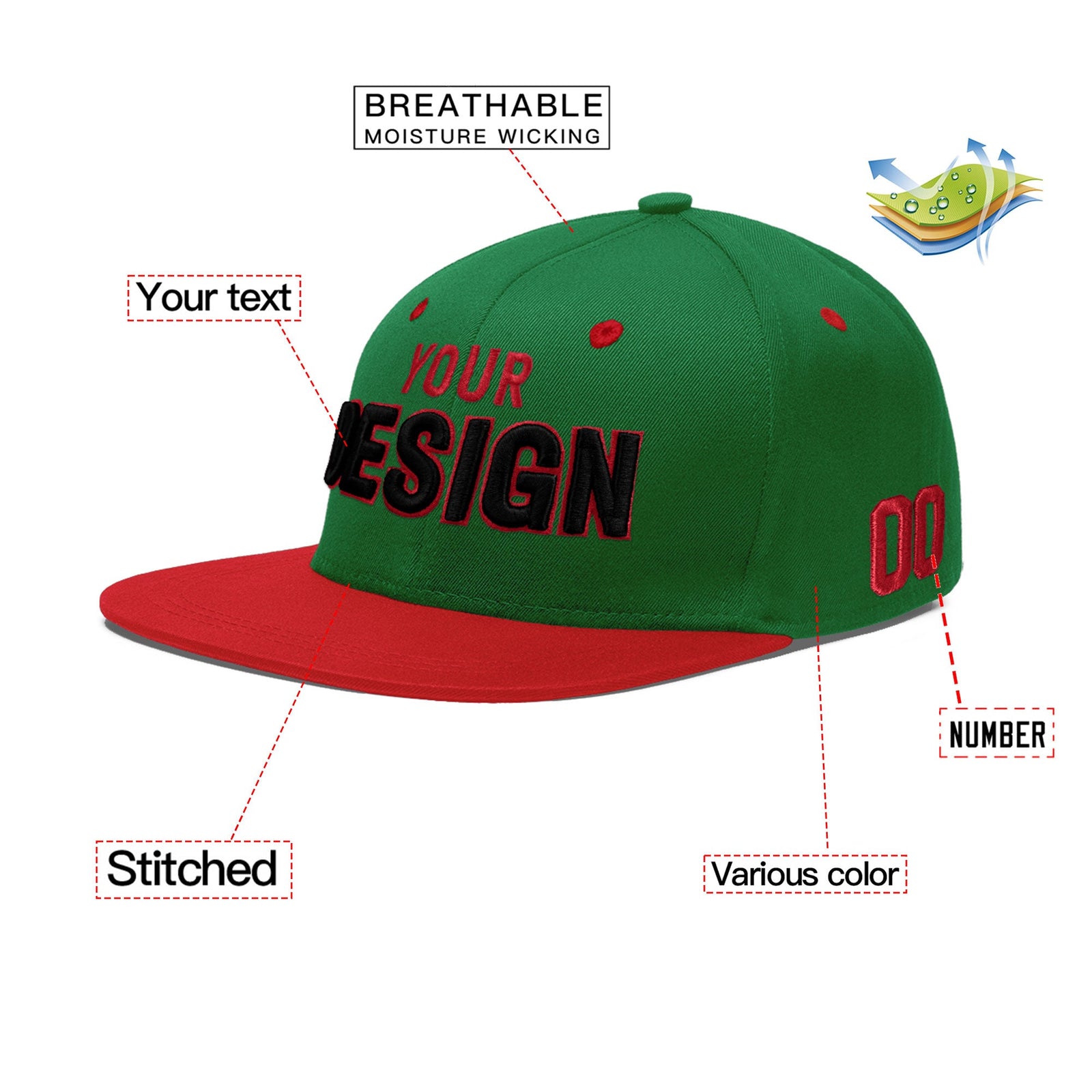 Custom Kelly Green Red 3D Puff Embroidery Flat Embroidery Casual Sport Baseball Cap
