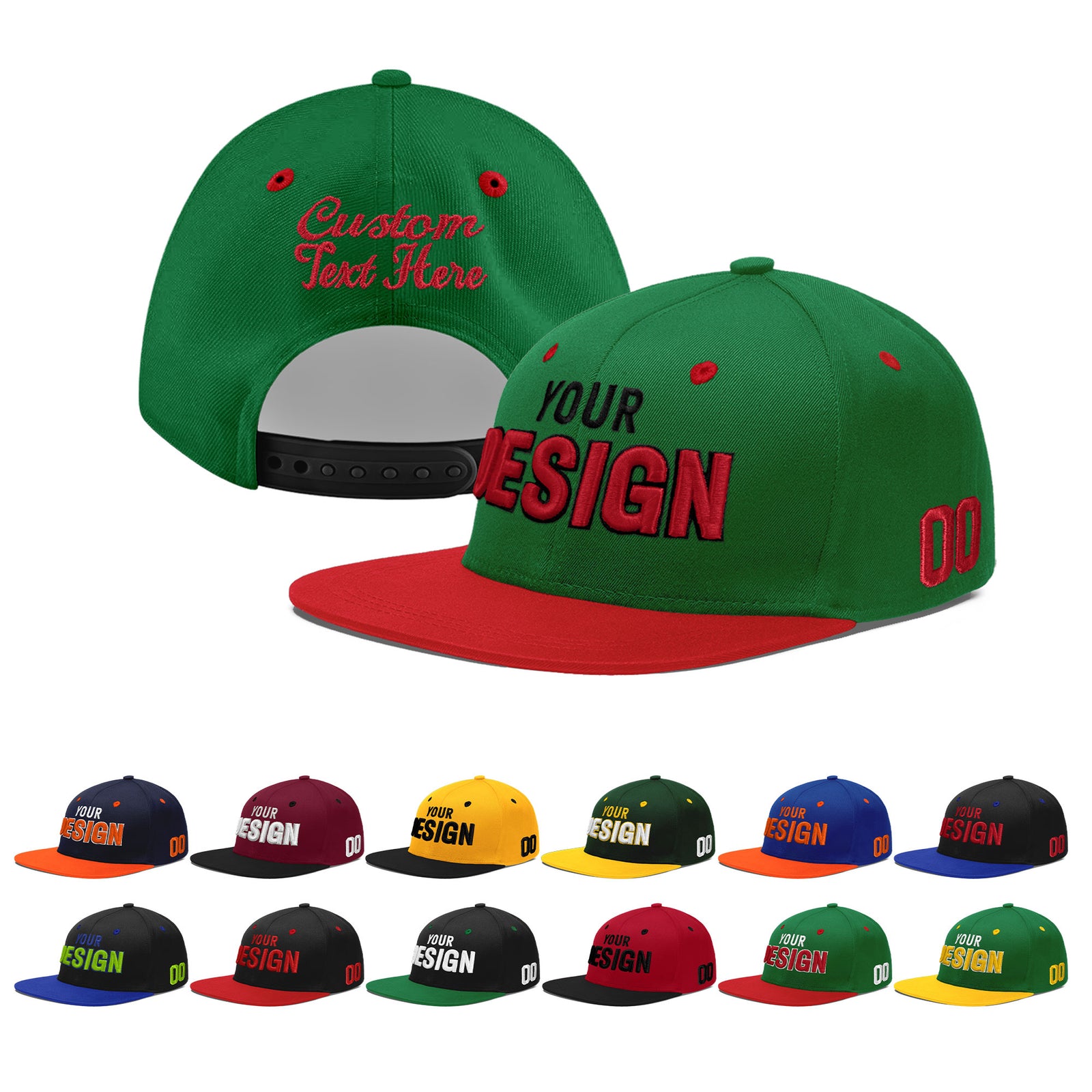 Custom Kelly Green Red 3D Puff Embroidery Flat Embroidery Casual Sport Baseball Cap