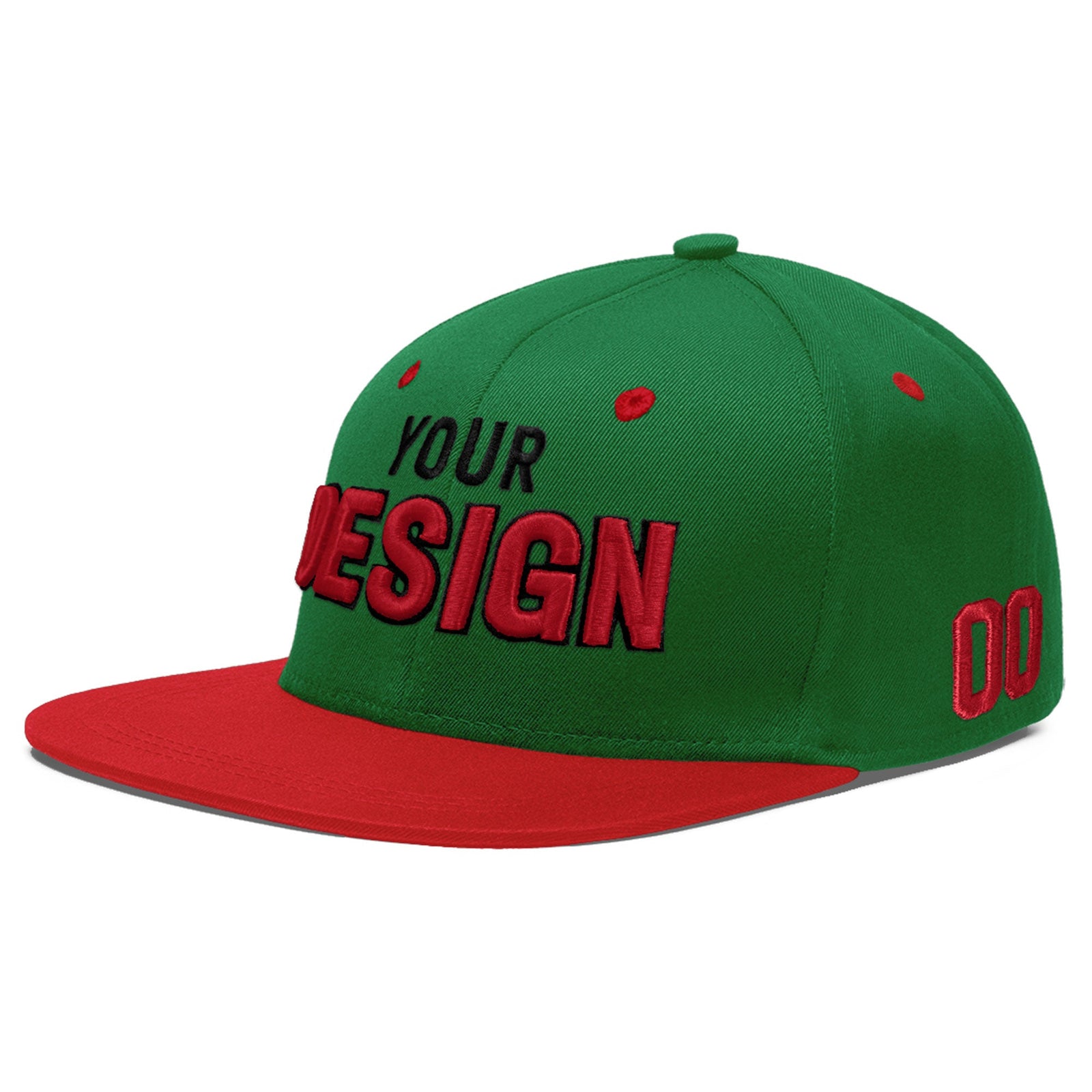 Custom Kelly Green Red 3D Puff Embroidery Flat Embroidery Casual Sport Baseball Cap