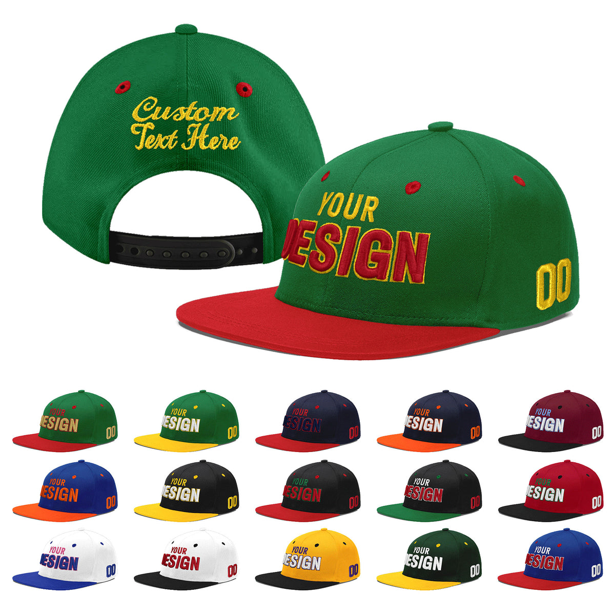 Custom Kelly Green Red 3D Puff Embroidery Flat Embroidery Casual Sport Baseball Cap