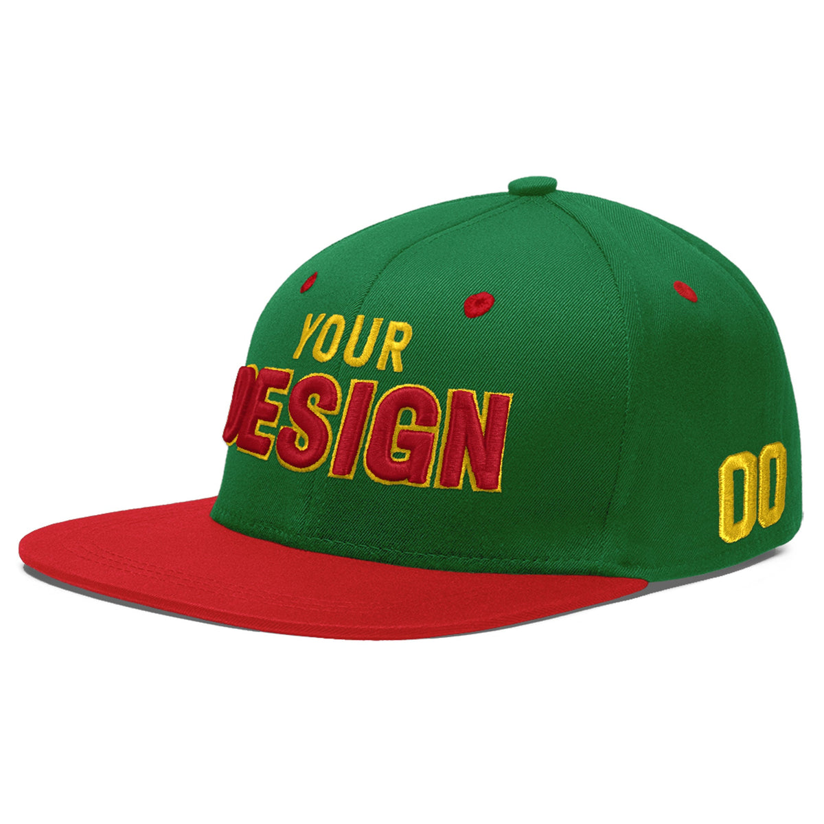 Custom Kelly Green Red 3D Puff Embroidery Flat Embroidery Casual Sport Baseball Cap