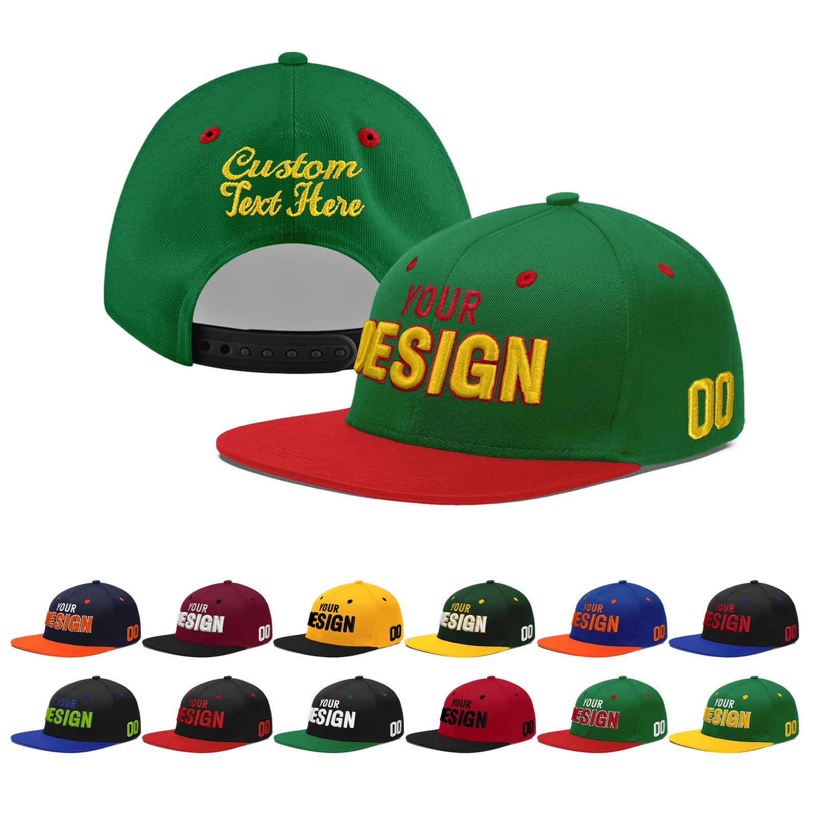 Custom Kelly Green Red 3D Puff Embroidery Flat Embroidery Casual Sport Baseball Cap