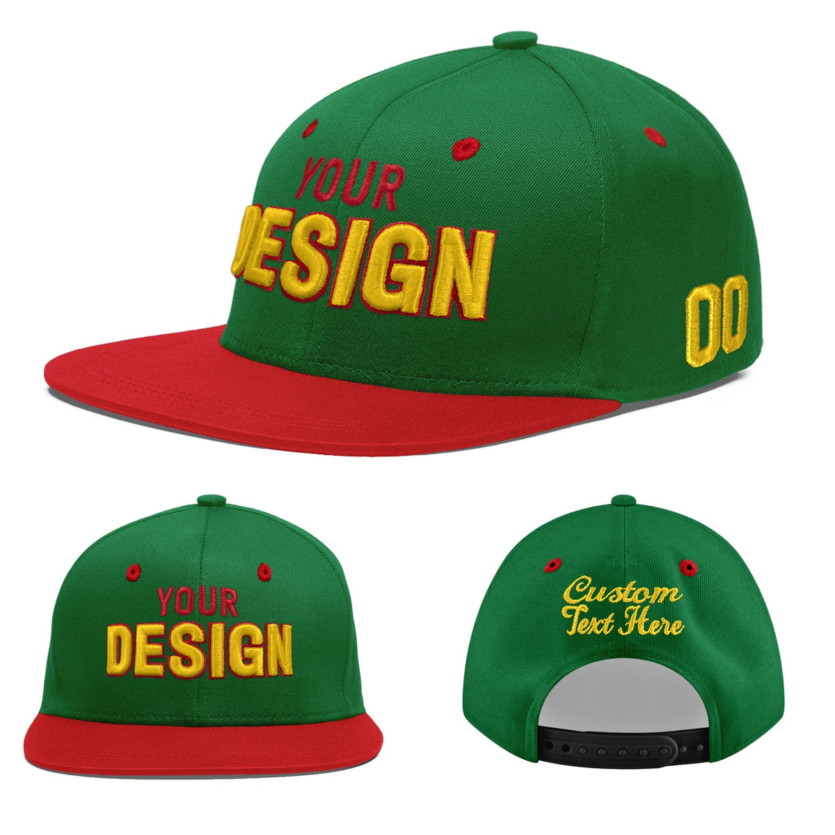 Custom Kelly Green Red 3D Puff Embroidery Flat Embroidery Casual Sport Baseball Cap