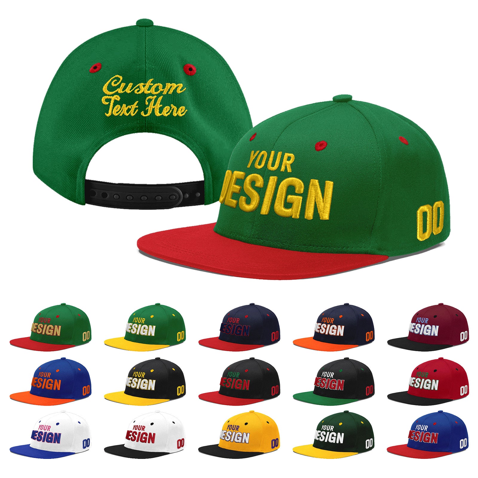 Custom Kelly Green Red 3D Puff Embroidery Flat Embroidery Casual Sport Baseball Cap