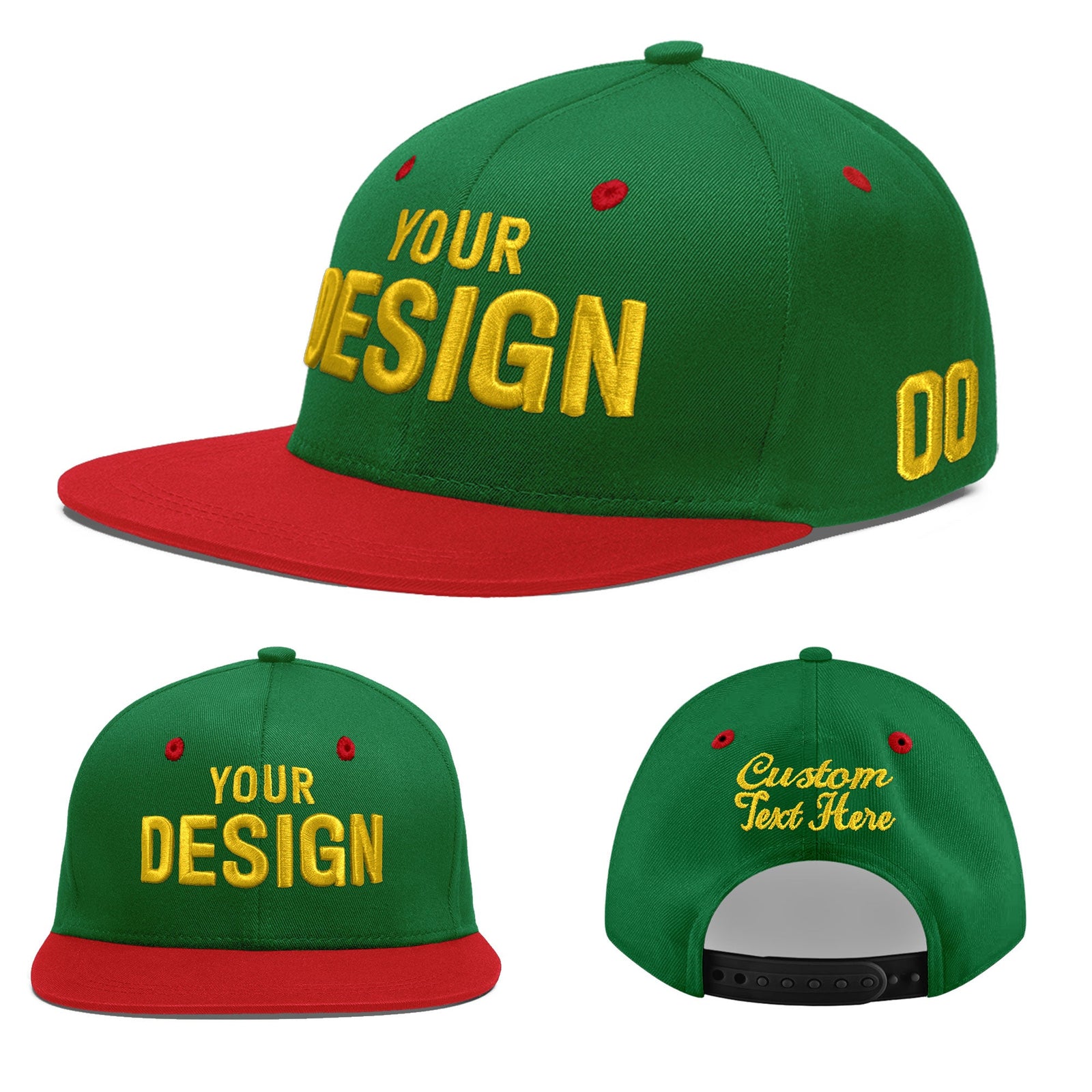 Custom Kelly Green Red 3D Puff Embroidery Flat Embroidery Casual Sport Baseball Cap