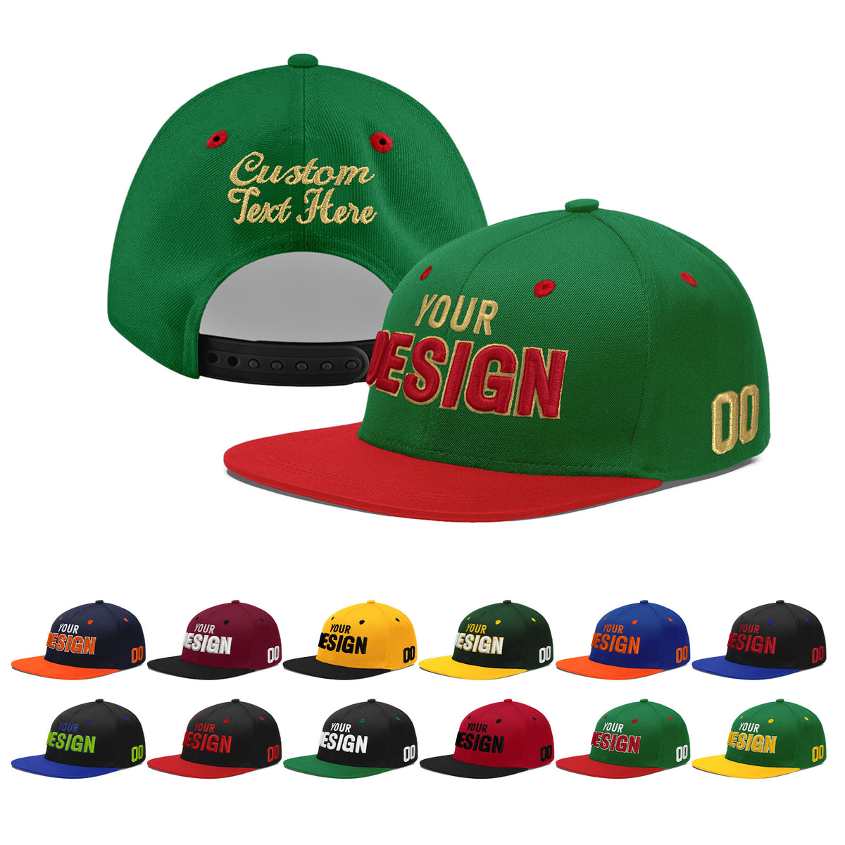 Custom Kelly Green Red 3D Puff Embroidery Flat Embroidery Casual Sport Baseball Cap