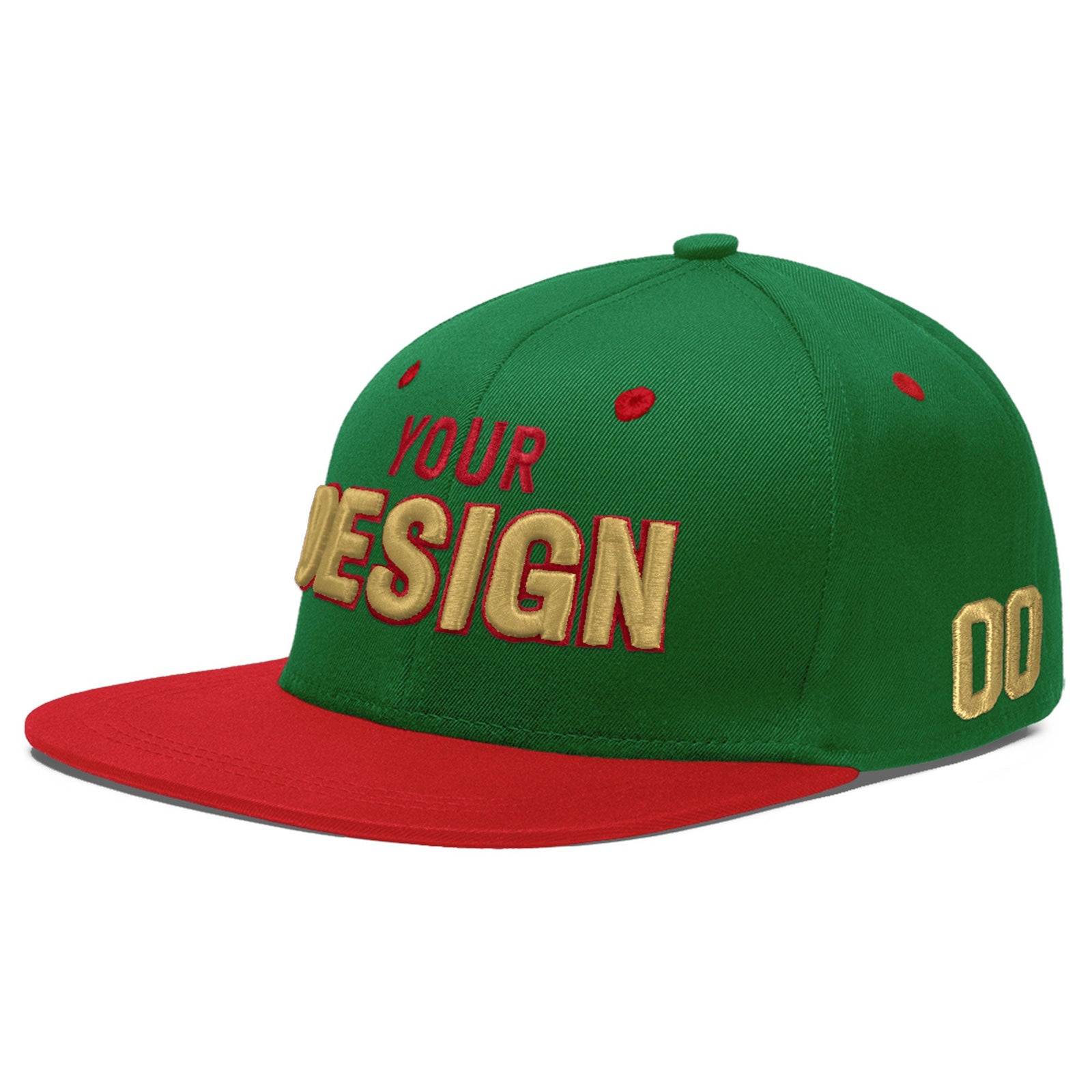Custom Kelly Green Red 3D Puff Embroidery Flat Embroidery Casual Sport Baseball Cap